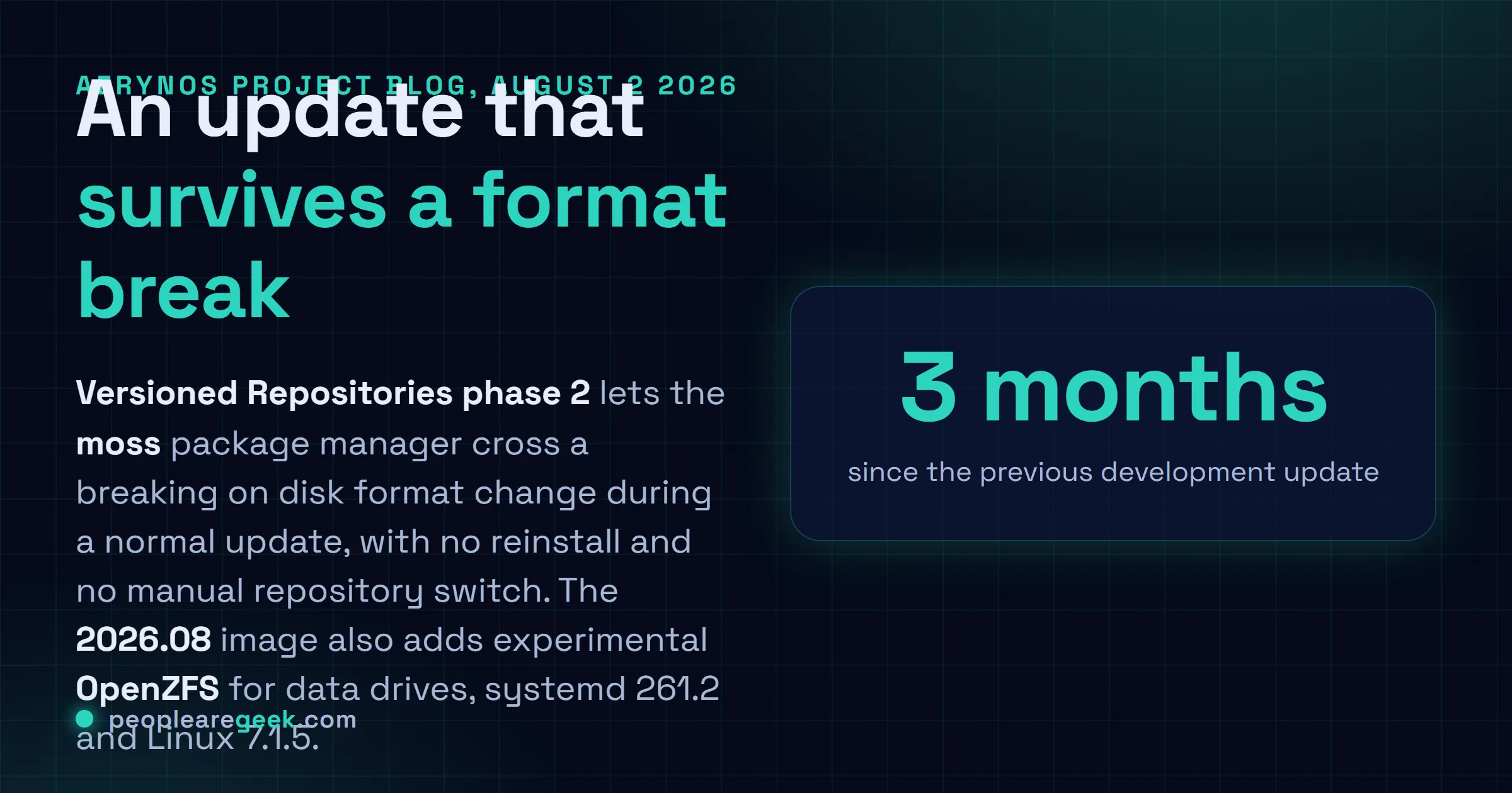 Answer card: AerynOS 2026.08 deploys Versioned Repositories phase 2 so the moss package manager can cross breaking on disk format changes during a normal update, and adds experimental OpenZFS for data drives, systemd 261.2 and Linux 7.1.5.