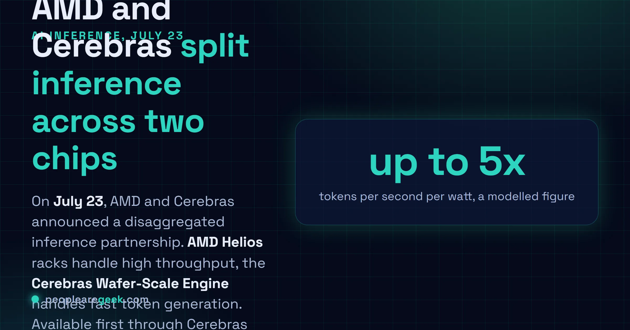Answer card: on July twenty third, AMD and Cerebras announced a disaggregated inference partnership, pairing AMD Helios racks for high throughput with the Cerebras Wafer-Scale Engine for fast token generation, claiming up to five times tokens per second per watt, a modelled figure, available first on Cerebras Cloud in the second half of 2026.