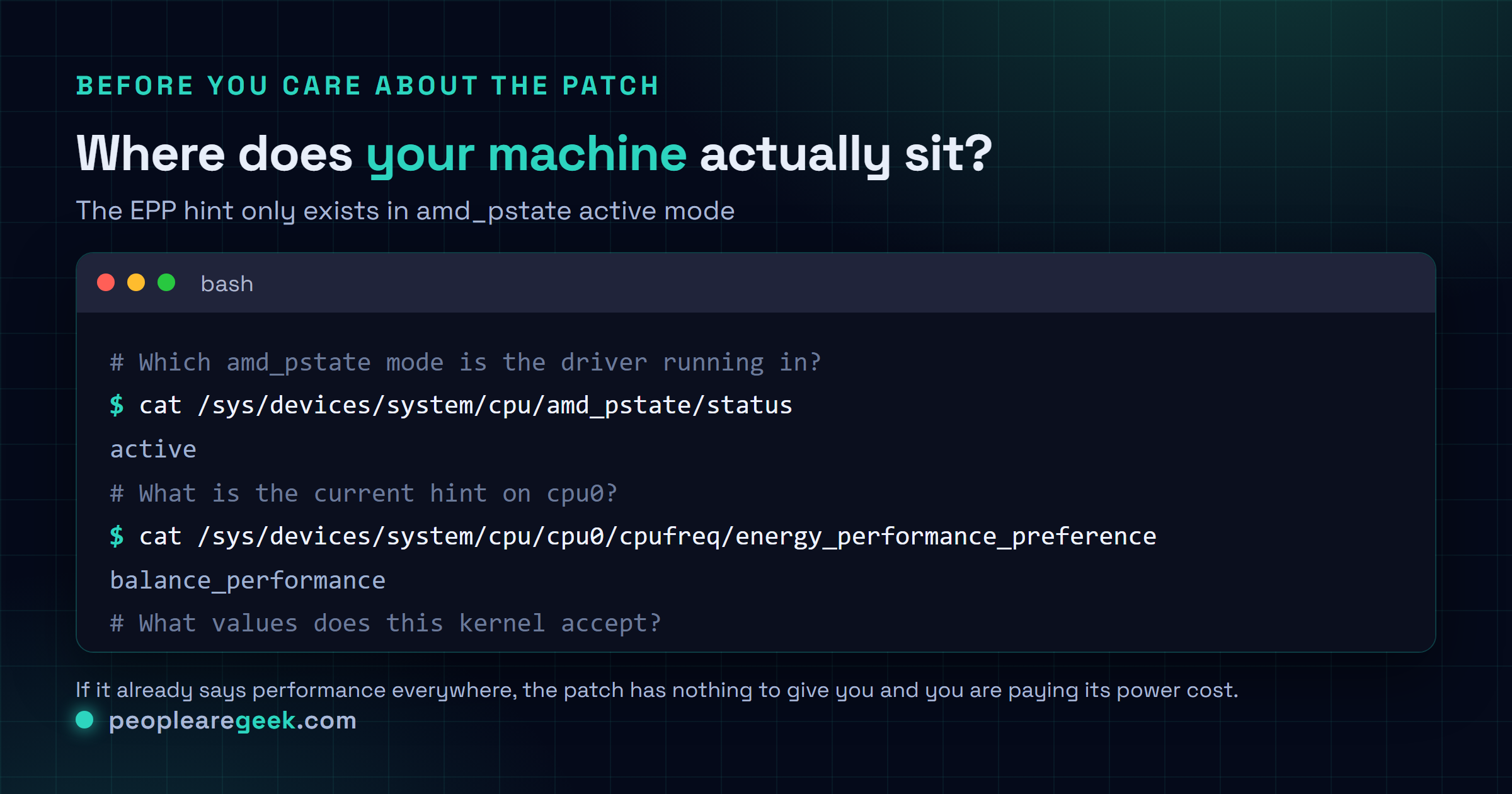 Figure terminal montrant comment lire le mode de fonctionnement actuel d'AMD P-State et la préférence énergie performance par CPU dans sysfs, ainsi que la liste des valeurs de préférence disponibles.