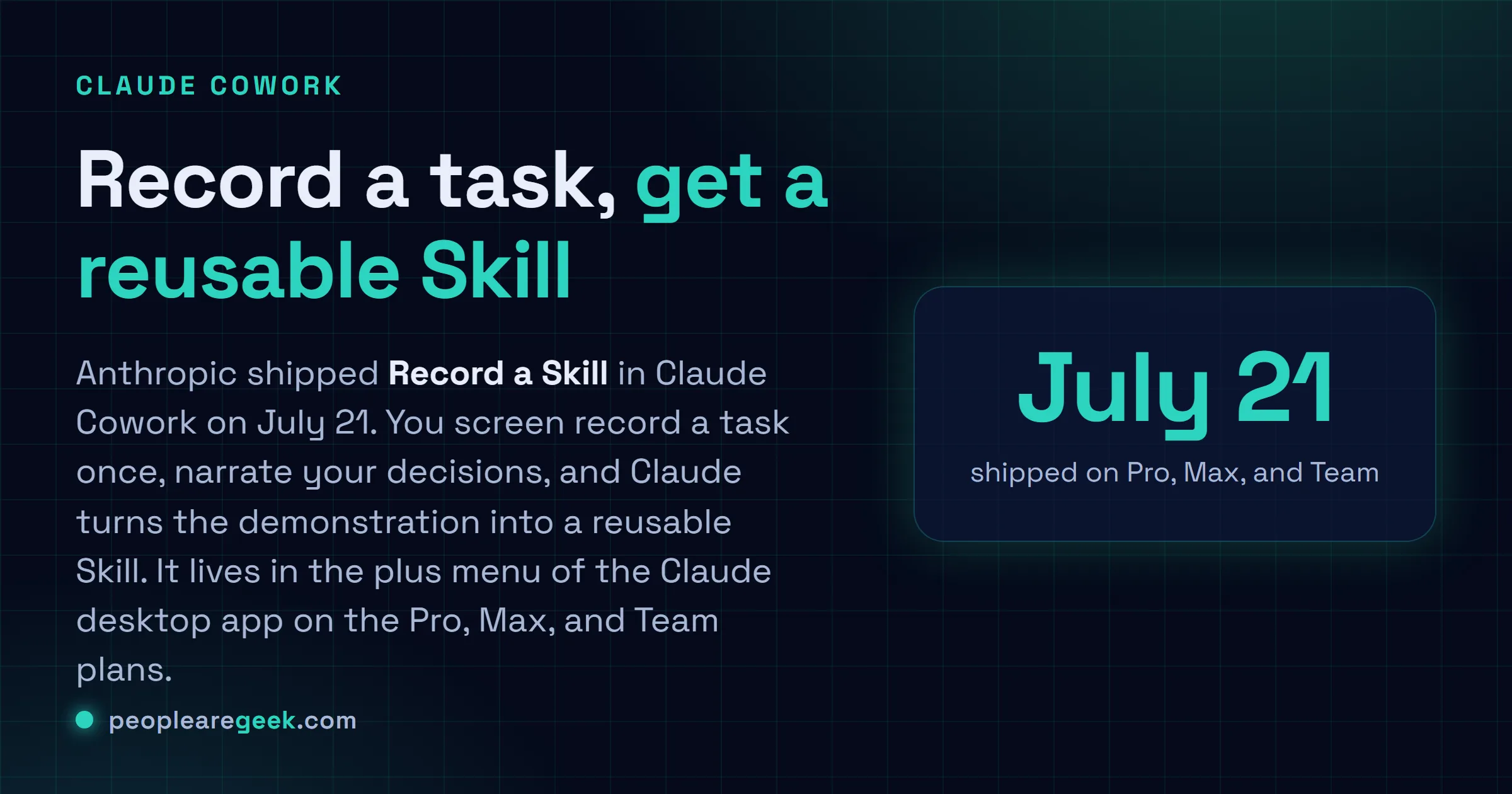 Answer card: Anthropic shipped Record a Skill in Claude Cowork on July twenty first, a feature that turns a narrated screen recording of a task into a reusable Skill, available on the Pro, Max, and Team plans from the plus menu of the Claude desktop app.