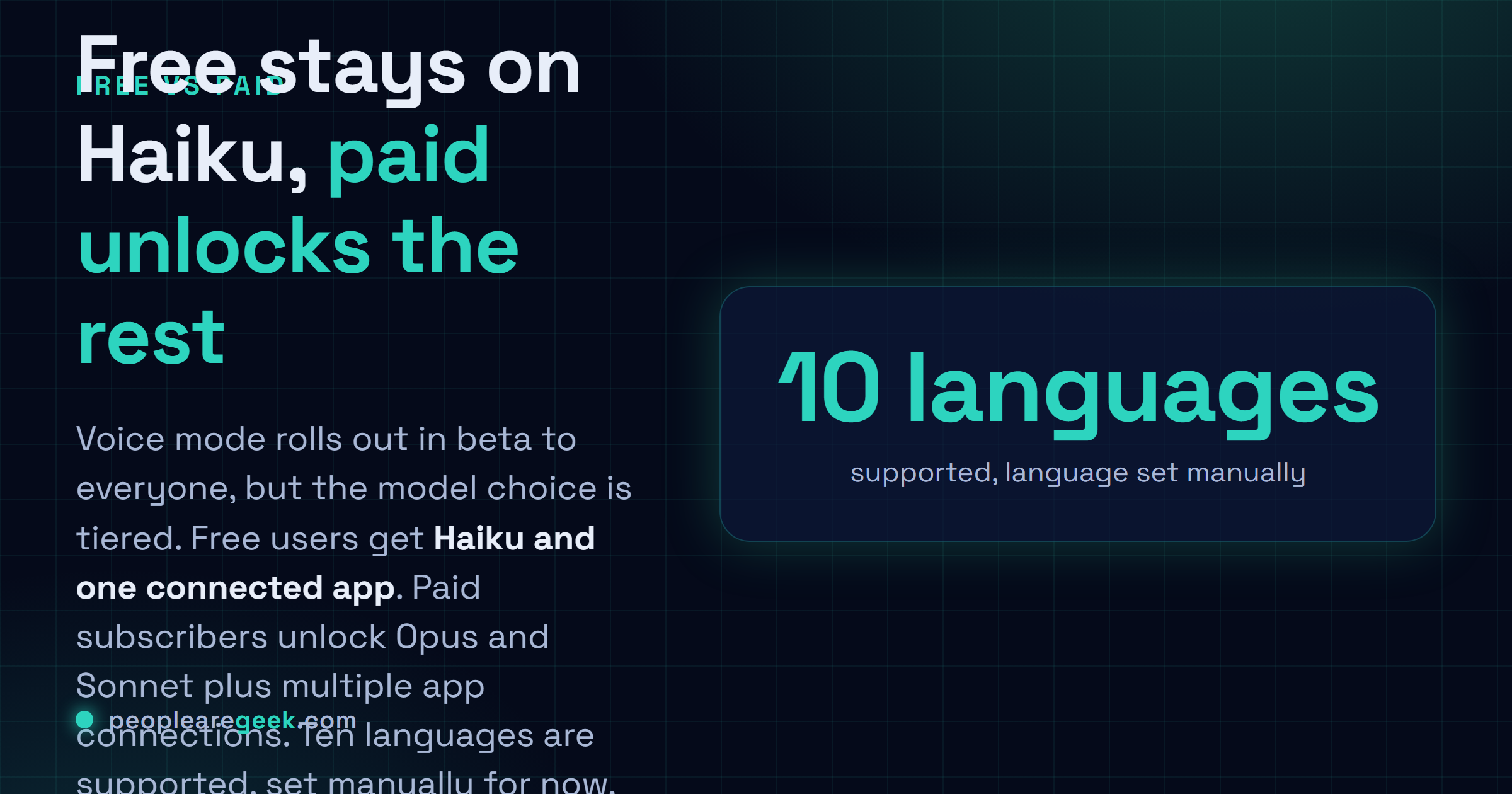 Carte reponse : paliers du mode vocal de Claude, les utilisateurs gratuits ont le modele Haiku et une application connectee, les abonnes payants ont le choix complet Opus, Sonnet et Haiku plus plusieurs connexions, avec dix langues prises en charge et reglees manuellement.