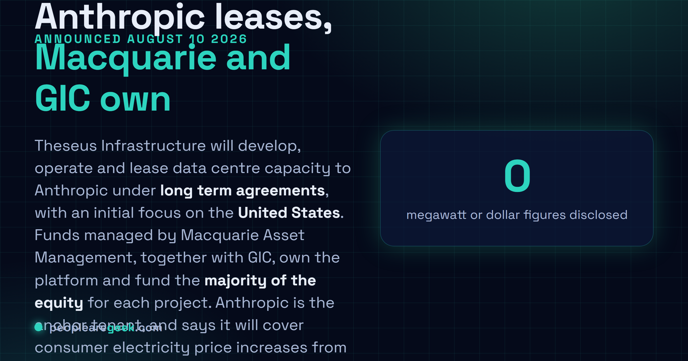 Carte réponse décrivant Theseus Infrastructure, une plateforme annoncée le 10 août 2026 par Anthropic, Macquarie Asset Management et GIC pour développer, exploiter et louer des infrastructures de centres de données à Anthropic comme locataire de référence sur des accords de longue durée, les fonds Macquarie et GIC détenant la plateforme et finançant la majorité des fonds propres par projet, avec une priorité initiale aux États-Unis et un engagement d'Anthropic à couvrir les hausses de prix de l'électricité pour les particuliers.