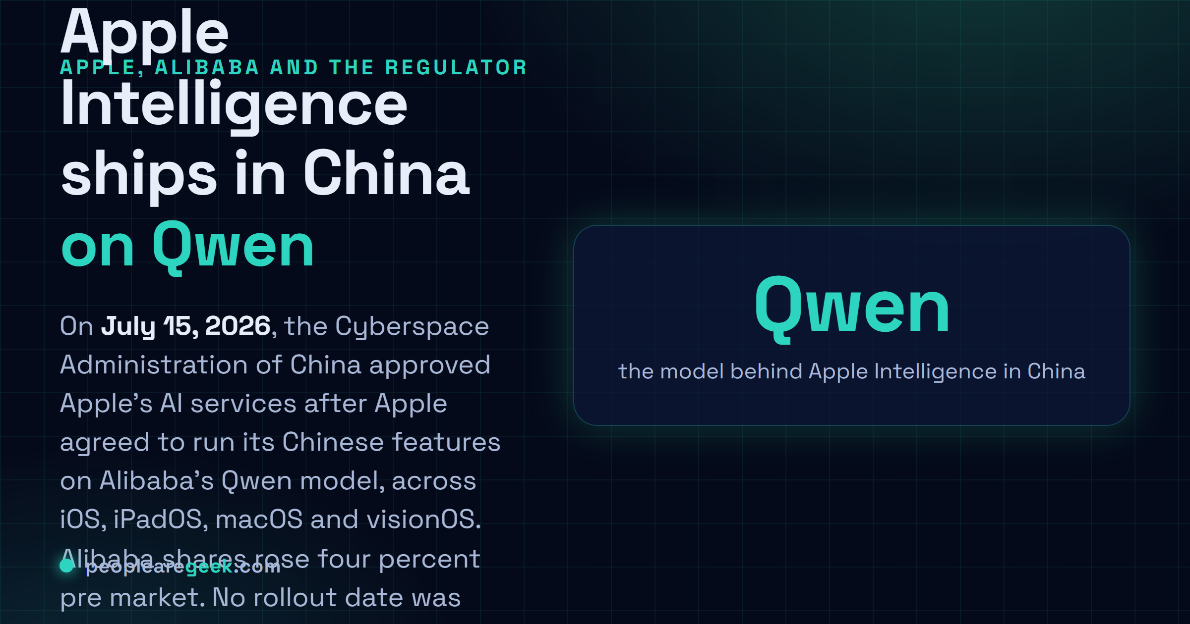 Carte réponse : l'administration chinoise du cyberespace a approuvé Apple Intelligence le 15 juillet 2026, avec le modèle Qwen d'Alibaba aux commandes sur iOS, iPadOS, macOS et visionOS.