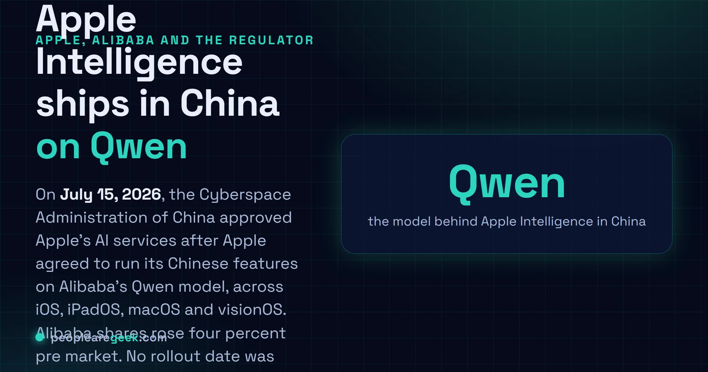 Answer card: China's Cyberspace Administration approved Apple Intelligence on July 15, 2026, with Alibaba's Qwen model powering the features across iOS, iPadOS, macOS and visionOS.