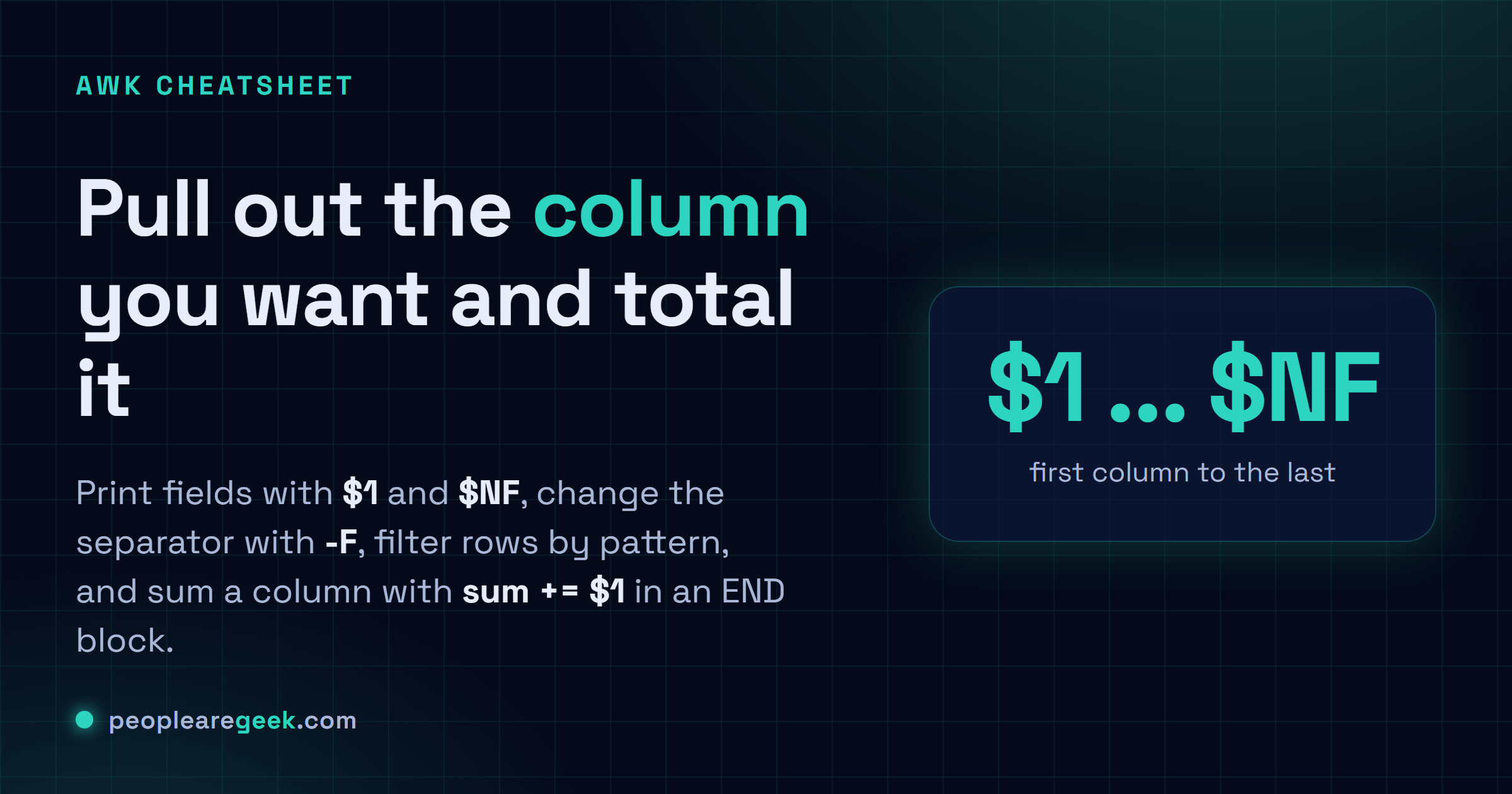 Fiche reponse : afficher des colonnes avec $1 et $NF, changer le separateur avec -F, filtrer les lignes par motif, sommer une colonne avec sum plus egal, et executer du code dans les blocs BEGIN et END.