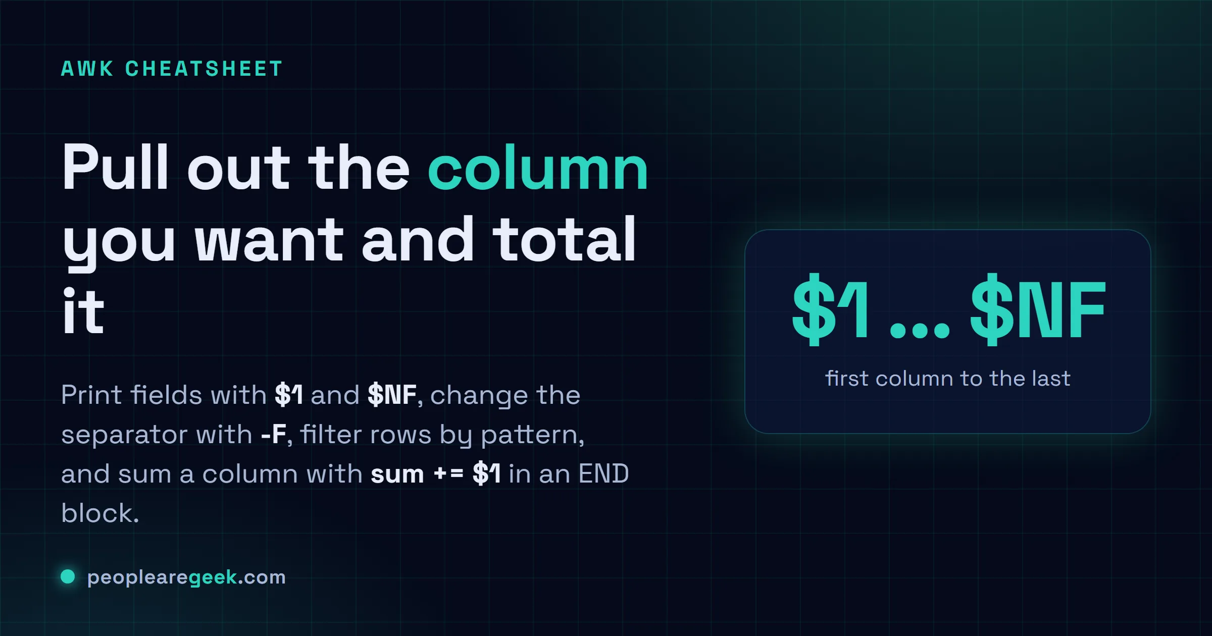 Answer card for the awk cheatsheet: print columns with $1 and $NF, change the field separator with -F, filter rows by pattern, sum a column, and run BEGIN and END blocks.
