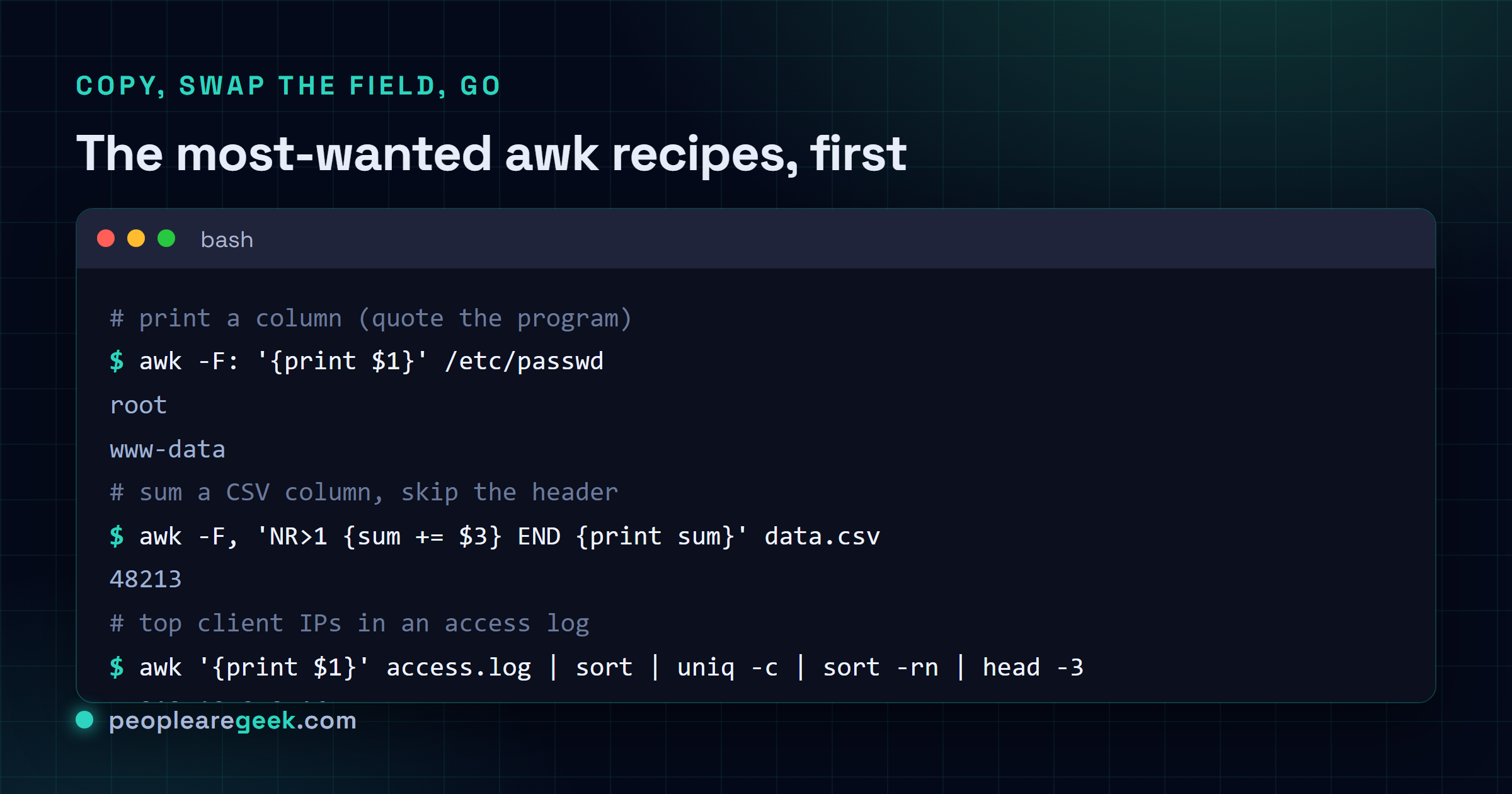 Terminal montrant des recettes awk courantes : afficher la premiere colonne de passwd, decouper un CSV sur les virgules, sommer une colonne dans un bloc END, et trouver les top IP clientes d'un journal d'acces.