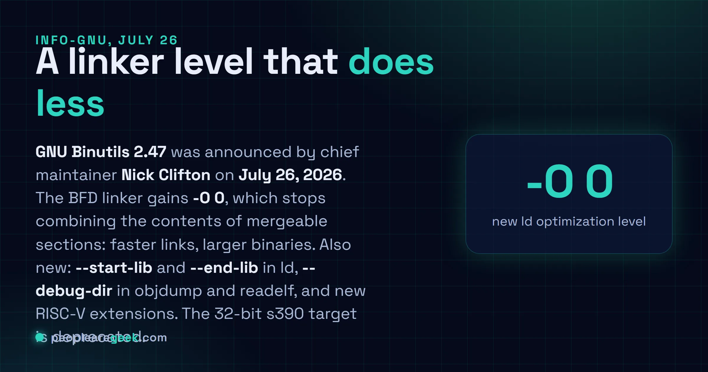 Answer card: GNU Binutils 2.47 was released on July twenty sixth 2026 by Nick Clifton, adding a linker -O 0 level that stops combining mergeable sections, --start-lib and --end-lib for loose object files, --debug-dir in objdump and readelf, and new RISC-V extensions.