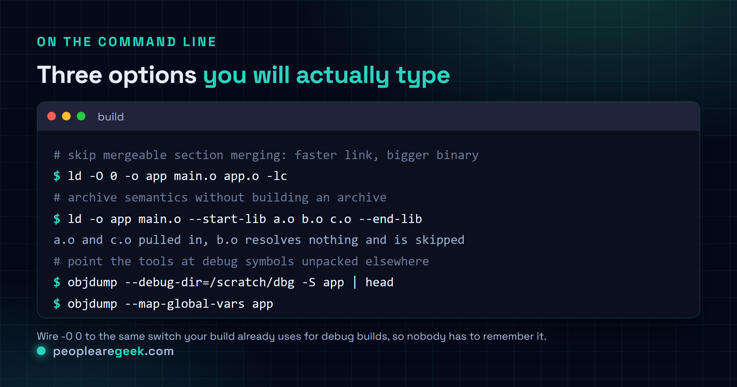 Terminal session showing the new binutils 2.47 options in use: ld with -O 0 to skip merging mergeable sections, a link line wrapping loose object files in --start-lib and --end-lib so they are pulled in only when they resolve a symbol, and objdump called with --debug-dir pointing at an unpacked debug symbol directory.