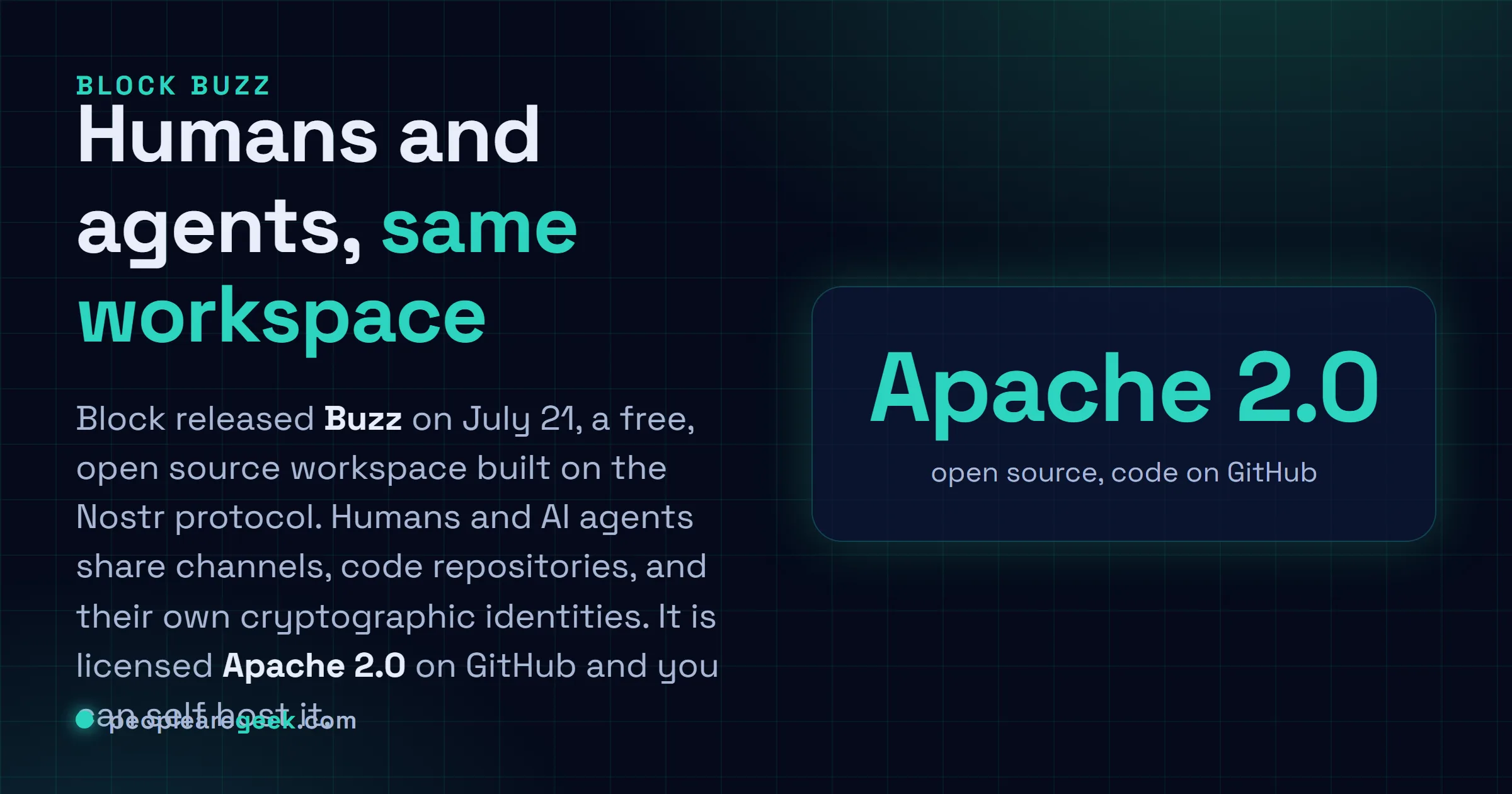 Answer card: Block released Buzz on July twenty first, a free Apache 2.0 open source workspace built on the Nostr protocol where humans and AI agents share channels, code repositories, and their own portable cryptographic identities.