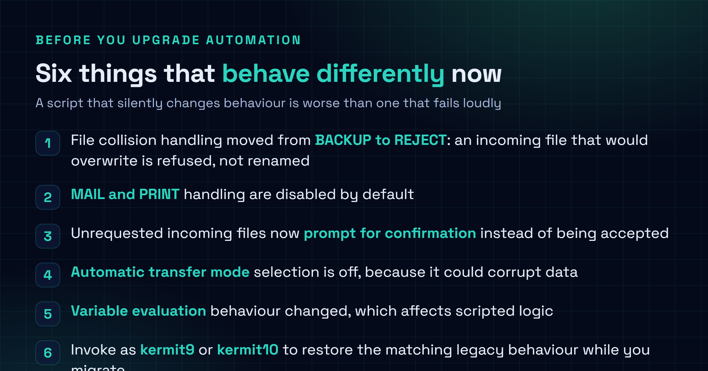 Checklist of the C-Kermit 11 default changes to review before upgrading automation: file collision handling now rejects instead of backing up, MAIL and PRINT handling disabled, unrequested incoming files prompt for confirmation, automatic transfer mode selection turned off, variable evaluation behaviour changed, and the kermit9 or kermit10 invocation names available to restore legacy behaviour.