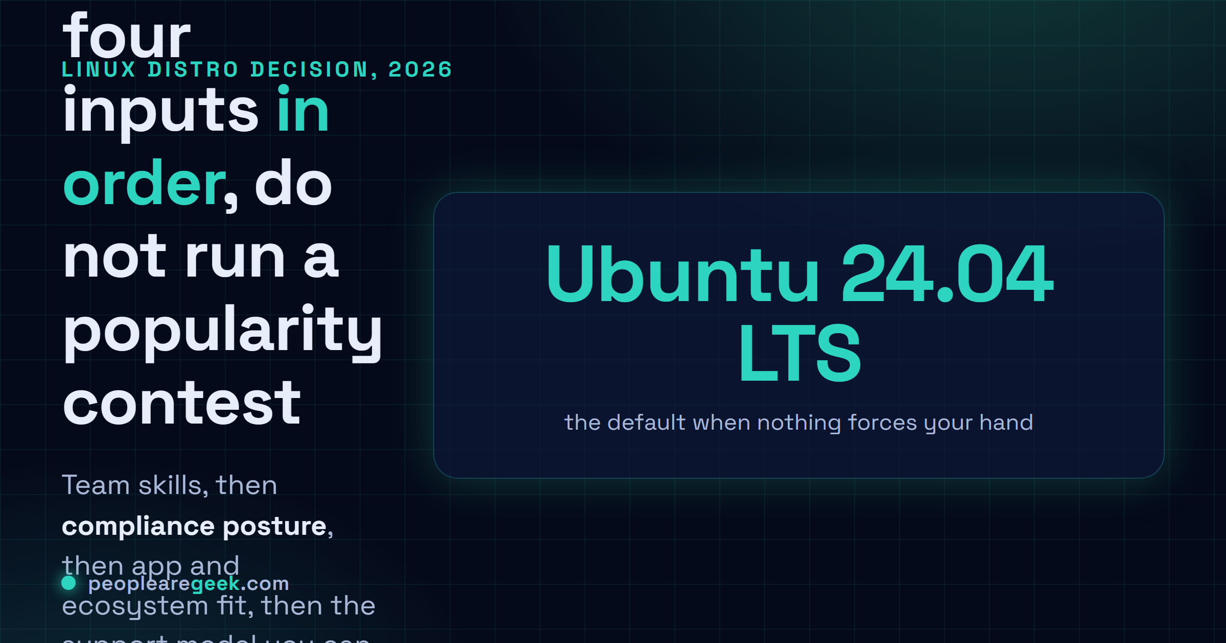 Answer card: weigh team skills, compliance, app stack and support model in order, then fall through to Ubuntu 24.04 LTS when nothing forces your hand.
