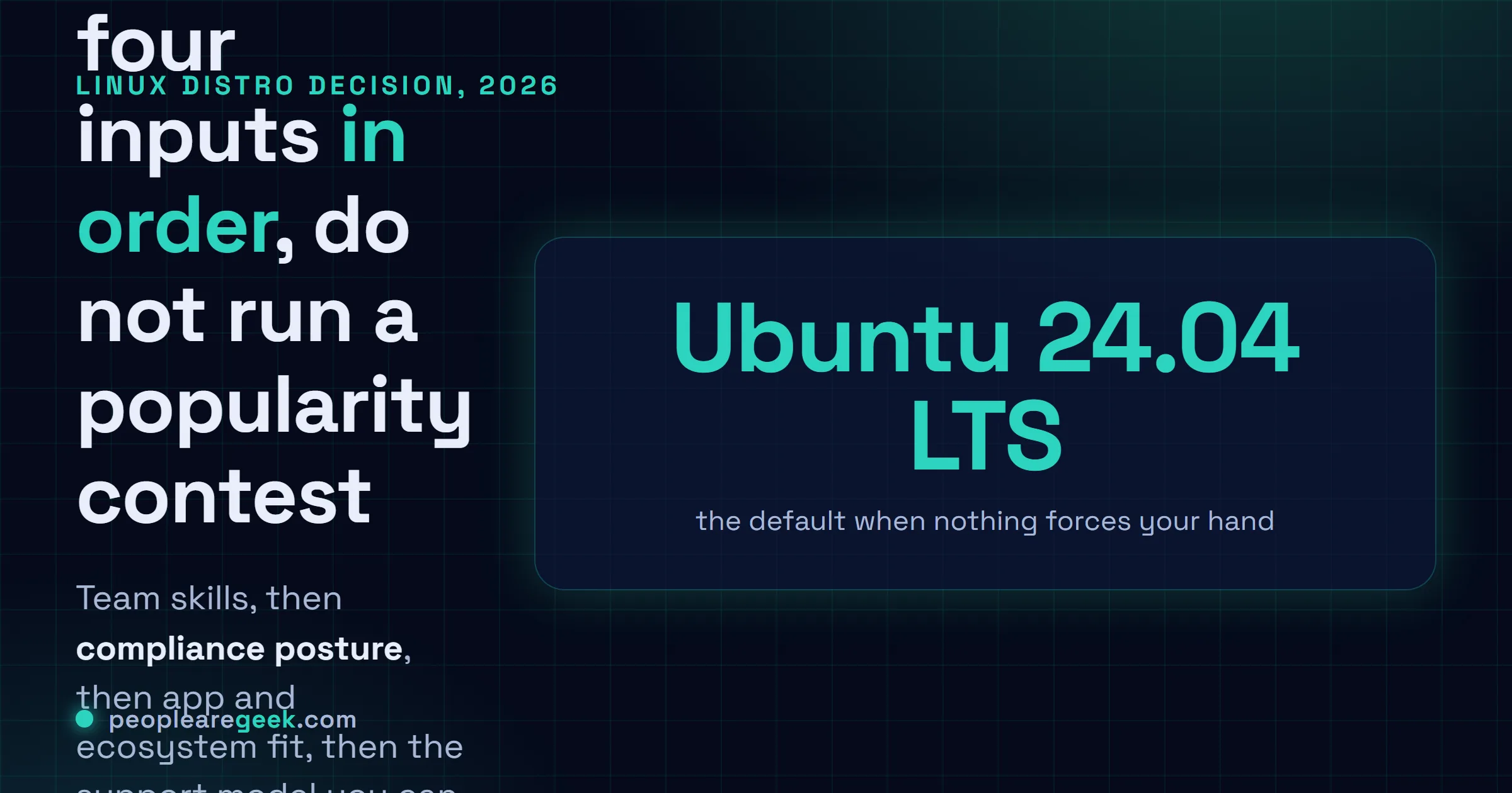 Answer card for choosing a Linux distribution in 2026: weigh team skills, compliance, app stack and support model in order, then fall through to Ubuntu 24.04 LTS.