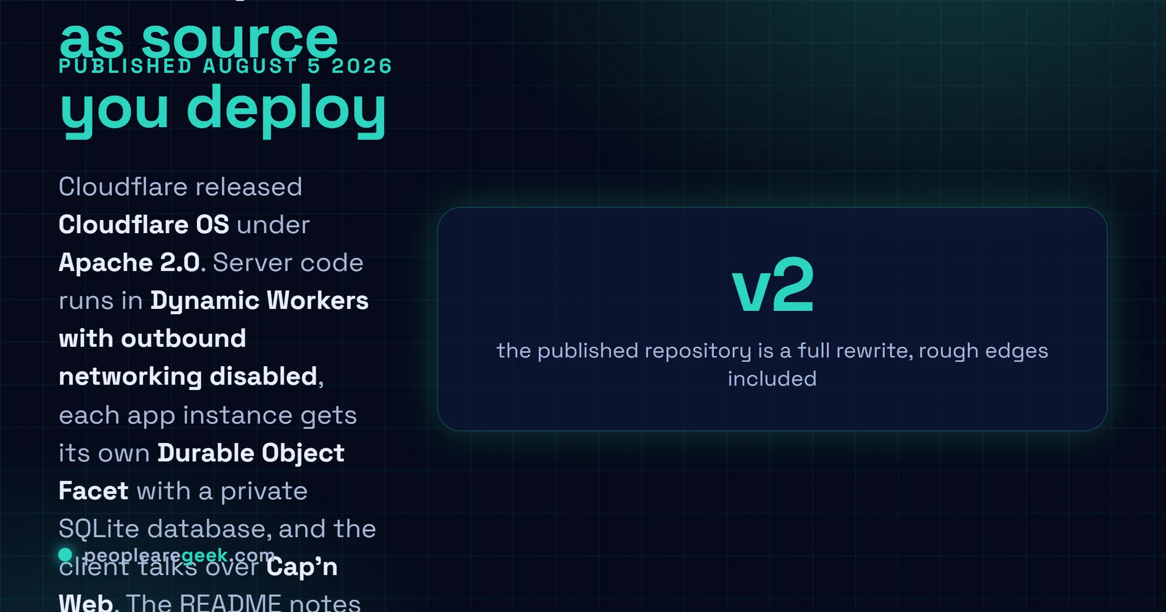 Answer card: on August 5 2026 Cloudflare released Cloudflare OS under the Apache 2.0 licence, an agent workspace built on Cloudflare Workers that runs server code in Dynamic Workers with outbound networking disabled and gives every app instance its own Durable Object Facet backed by a private SQLite database.