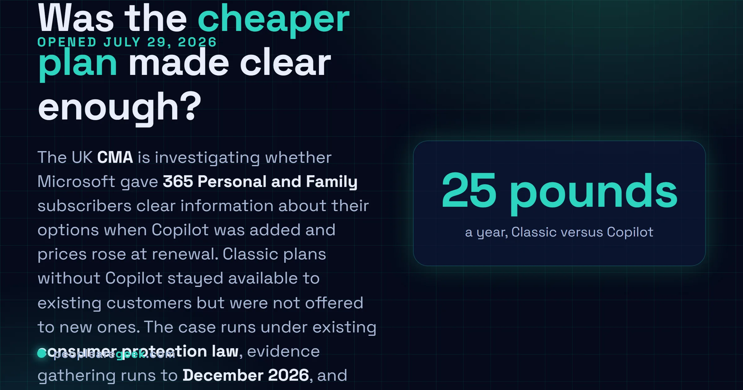 Answer card: the UK CMA opened an investigation on July 29, 2026 into whether Microsoft clearly told Microsoft 365 Personal and Family subscribers about the cheaper Classic plans before renewing them onto Copilot plans, a difference of 25 pounds a year on Personal.