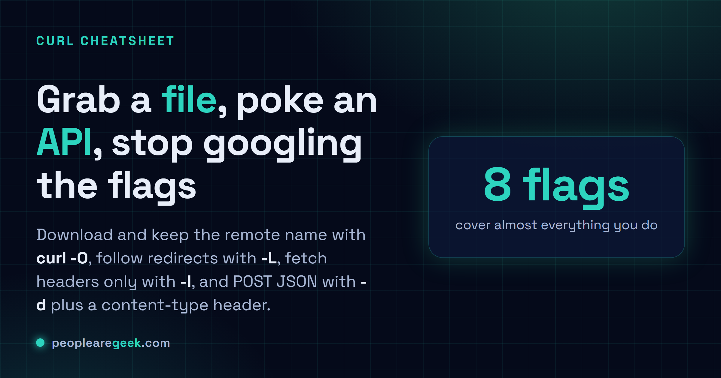 Answer card: download and keep the remote name with curl -O, follow redirects with -L, fetch headers only with -I, and POST JSON with -d and a content-type header.
