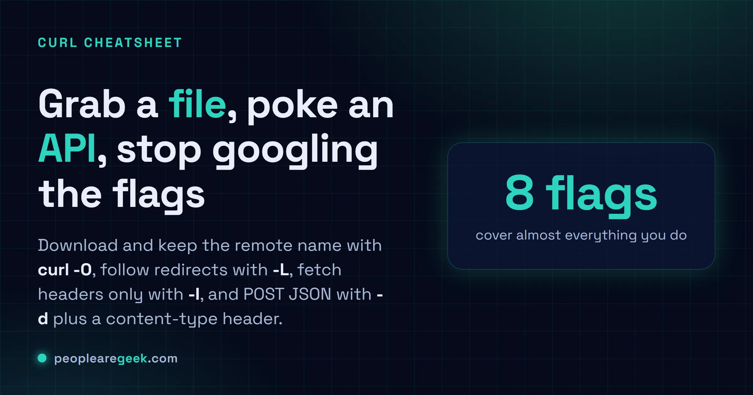 Answer card for the curl cheatsheet: download and keep the remote name with curl -O, follow redirects with -L, fetch headers only with -I, and POST JSON with -d.