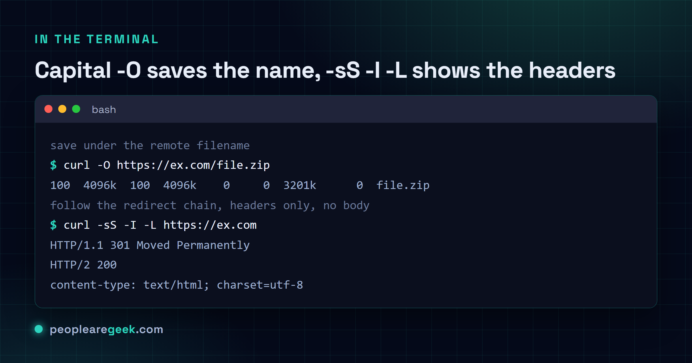 Terminal example: curl -O saves a file under its remote name, then curl -sS -I -L follows a redirect chain and prints just the headers at each hop.