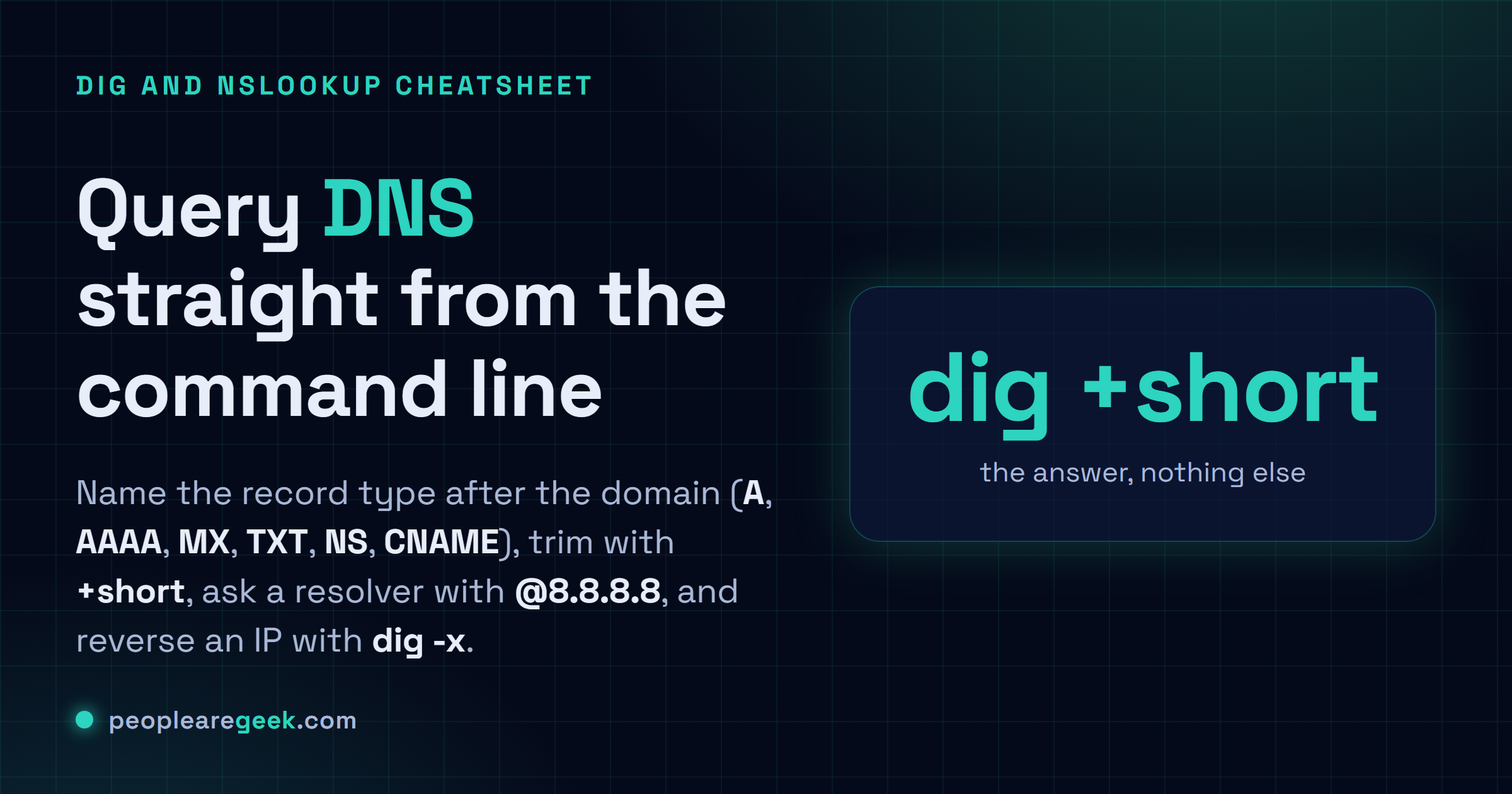 Answer card: query A and AAAA with dig, MX, TXT, NS and CNAME records, trim with +short, trace from the root with +trace, ask @8.8.8.8, and reverse lookup with dig -x.