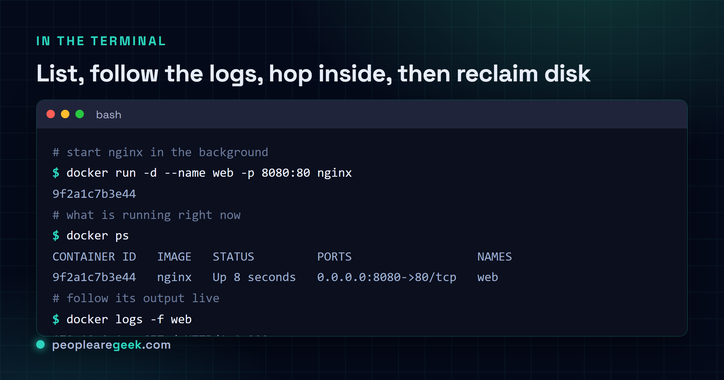 Session terminal lançant docker ps pour lister les conteneurs, docker logs -f web pour suivre la sortie, docker exec -it web sh pour ouvrir un shell, et docker system prune pour récupérer de l'espace disque.