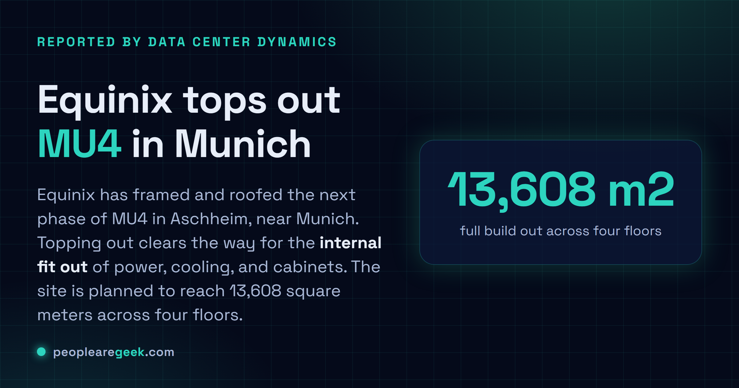 Carte reponse : Equinix a acheve le gros oeuvre de la prochaine phase de son data center MU4 pres de Munich, un site qui atteindra 13 608 metres carres sur quatre etages a pleine echelle.