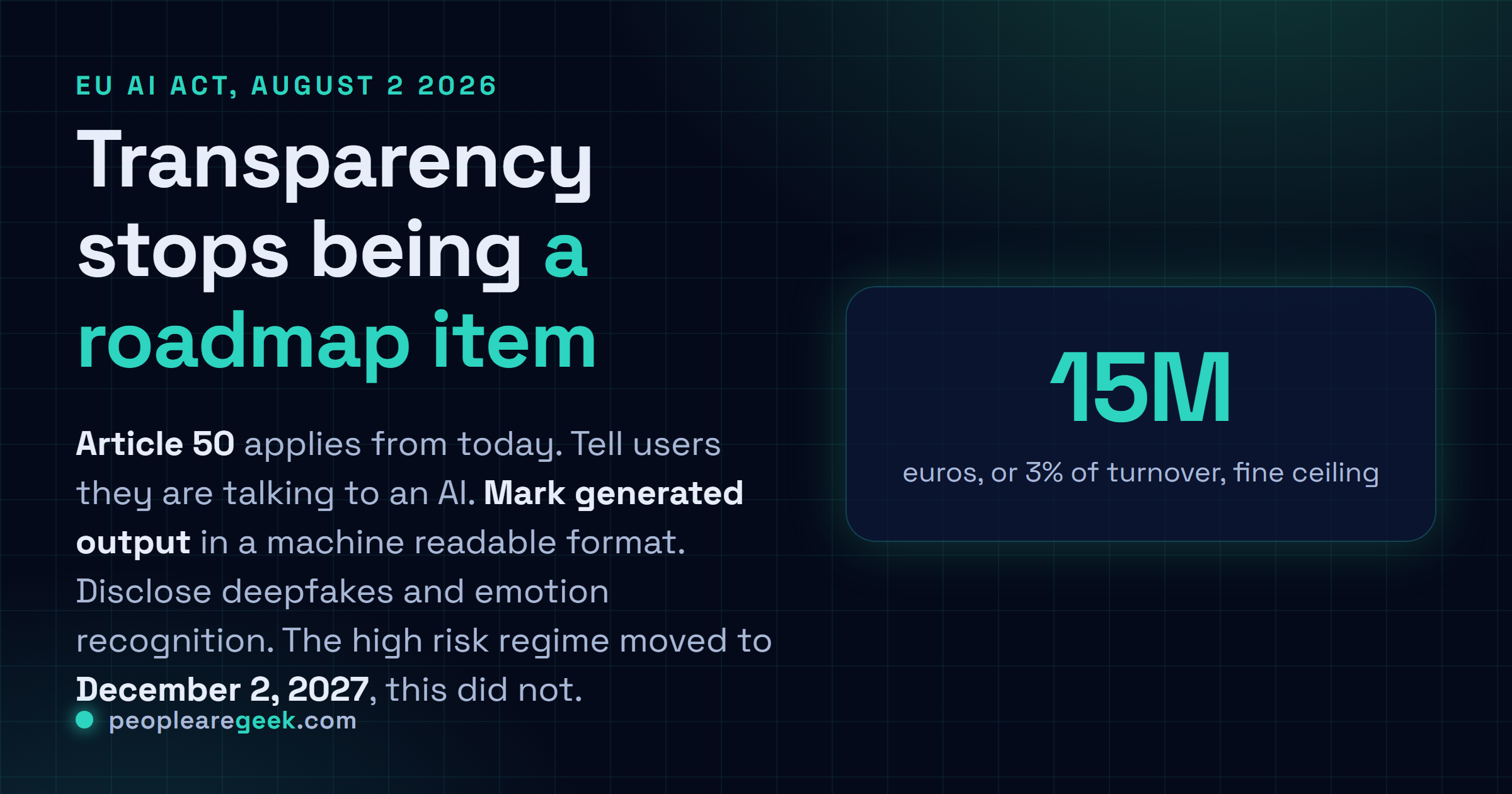 Carte réponse : l'article 50 du règlement européen sur l'IA s'applique depuis le 2 août 2026, avec mention des chatbots, marquage lisible par machine des contenus synthétiques, information en cas de reconnaissance d'émotions et étiquetage des deepfakes, sous peine de 15 millions d'euros ou 3% du chiffre d'affaires mondial.