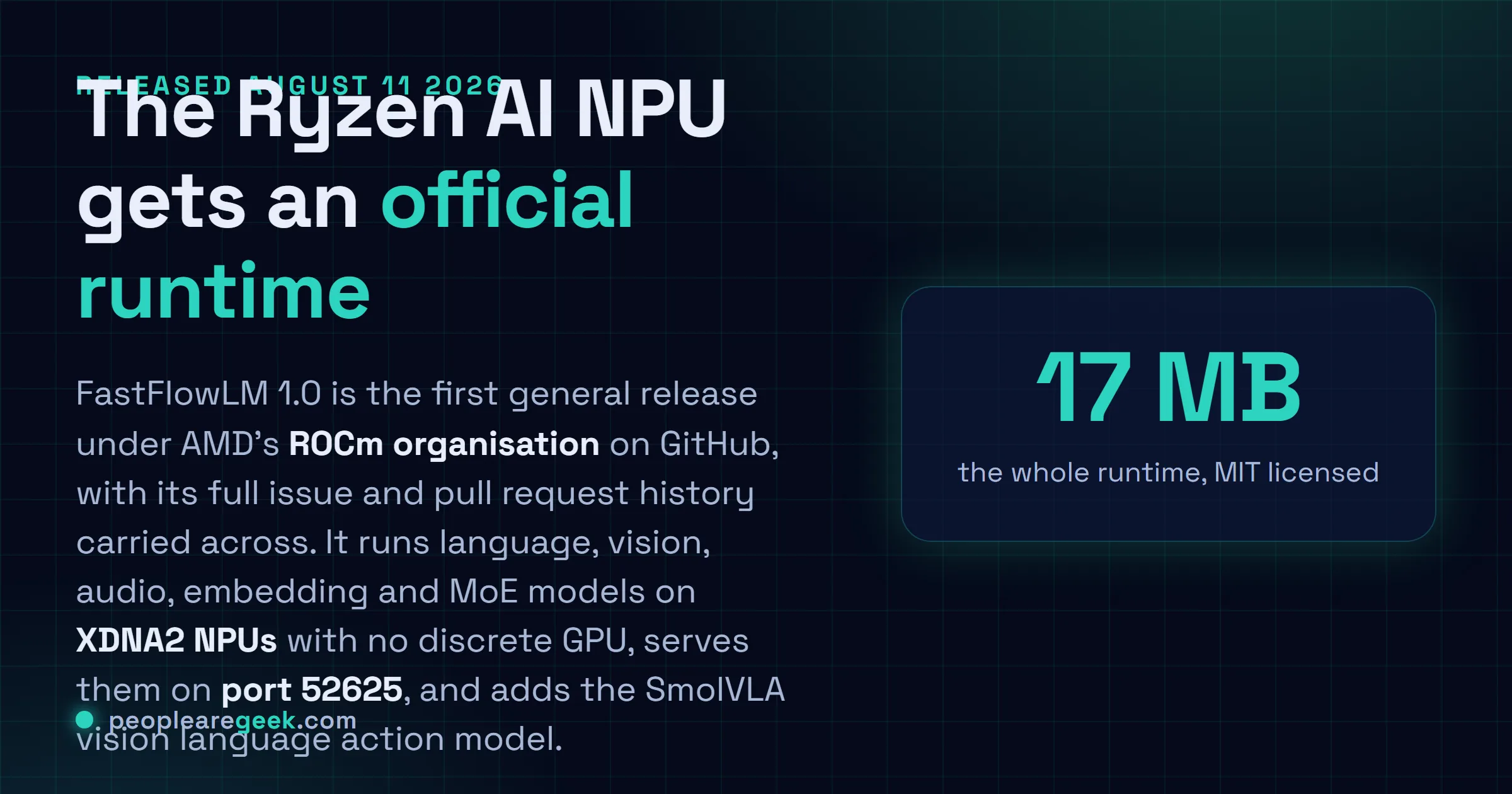 Answer card describing FastFlowLM 1.0 as the first general release under the AMD ROCm organisation on GitHub, an MIT licensed runtime that executes language models on Ryzen AI XDNA2 neural processing units without a discrete GPU, in a 17 megabyte install supporting context lengths up to 256k tokens.