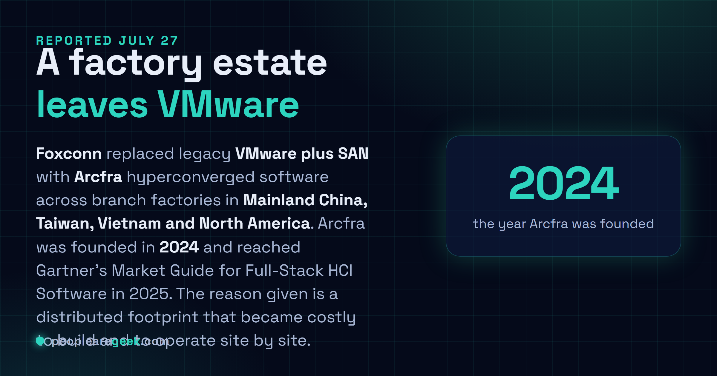 Carte réponse : en juillet 2026 Foxconn a remplacé son architecture VMware et SAN historique par le logiciel hyperconvergé Arcfra dans ses usines annexes de Chine continentale, Taïwan, Vietnam et Amérique du Nord, couvrant intranet, ERP, gestion de production et des lignes, développement et test, et postes de travail virtuels.