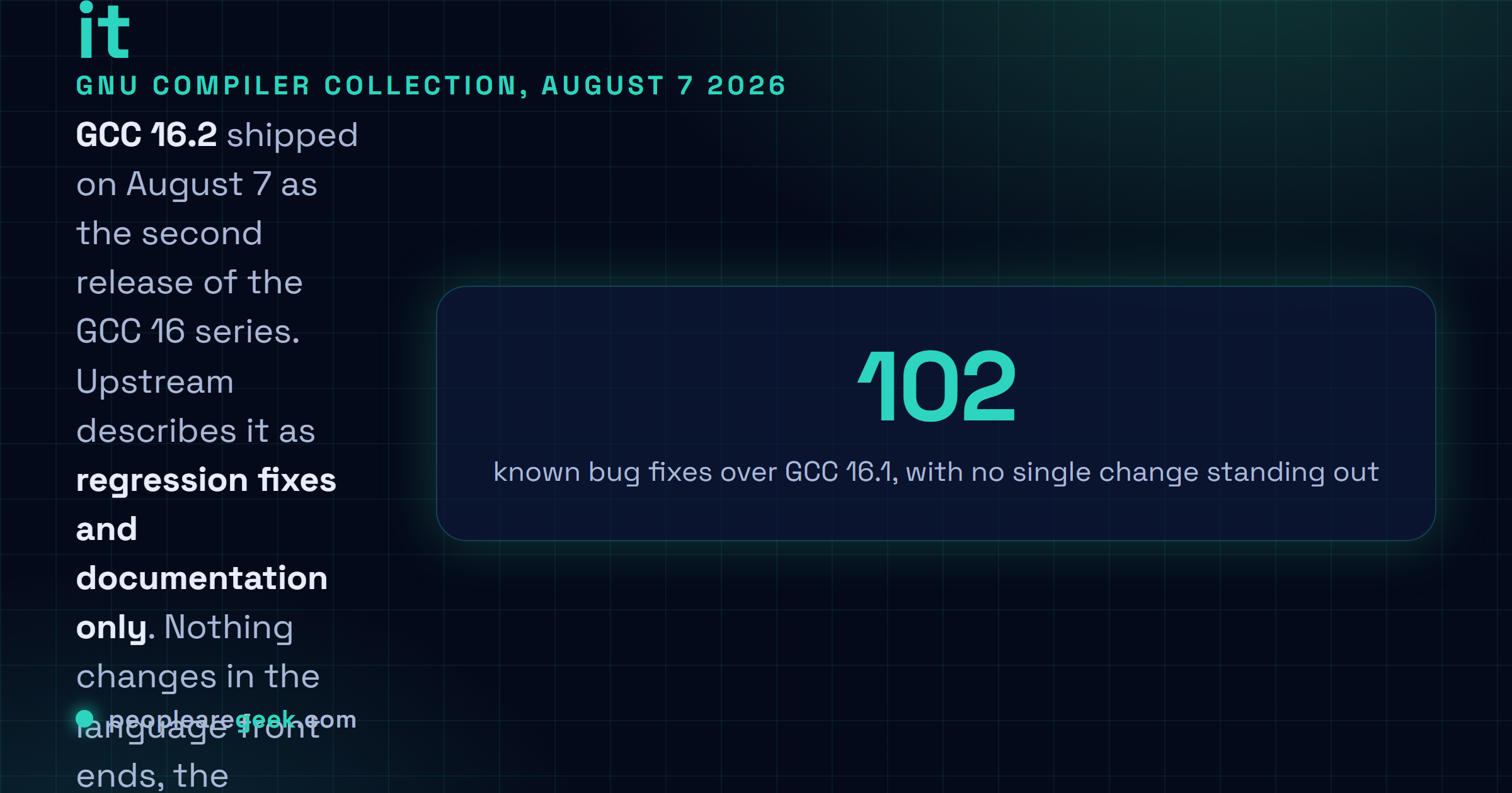 Carte réponse : GCC 16.2 est sorti le 7 août 2026 avec 102 corrections de bugs connues par rapport à GCC 16.1, décrit en amont comme corrections de régressions et documentation uniquement, sans nouvelle fonctionnalité de langage ni changement d'optimisation, ce qui en fait la version recommandée de la série GCC 16.