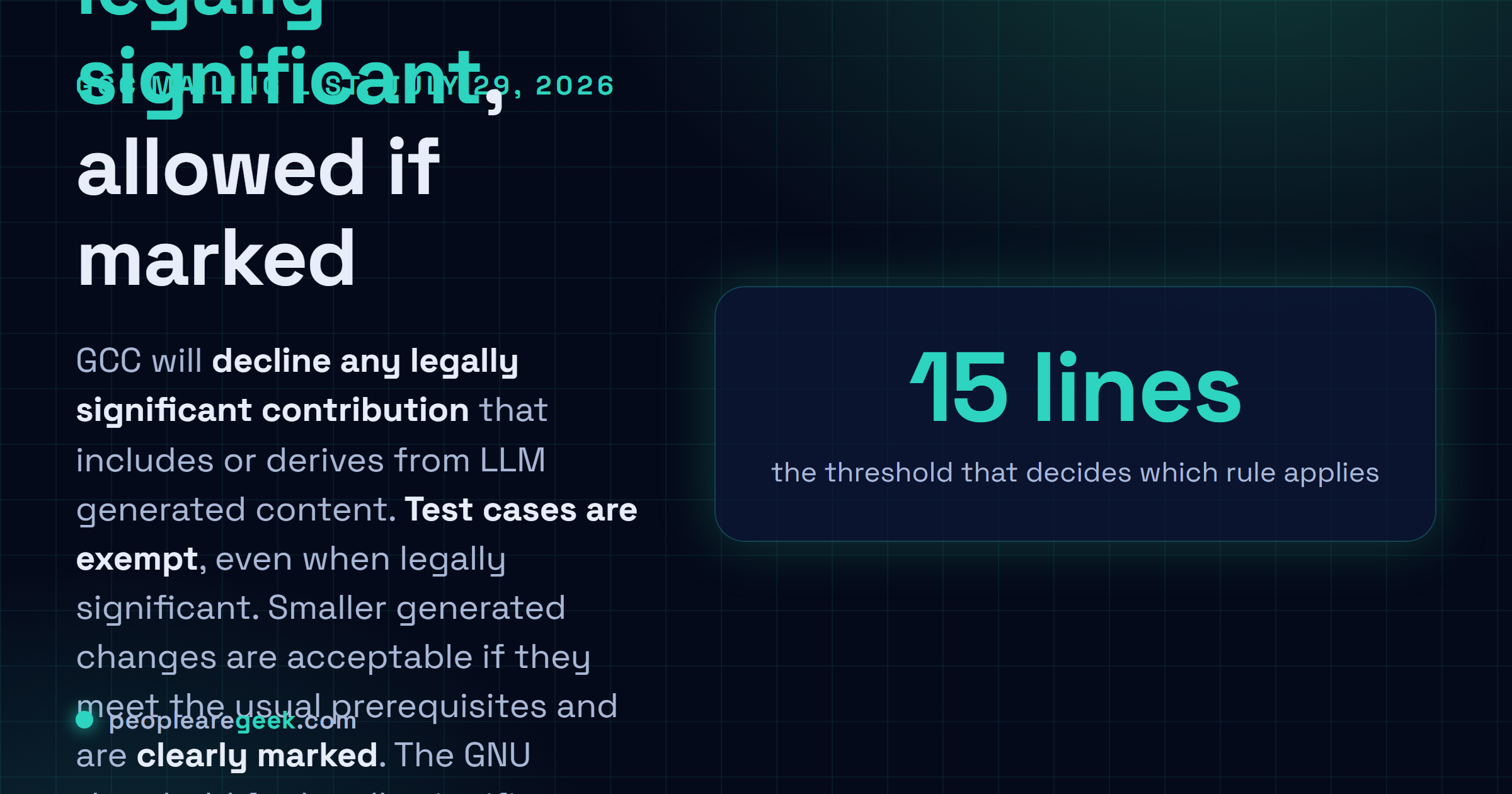 Answer card: GCC declines legally significant contributions that include or derive from LLM generated content, allows LLM generated test cases even when legally significant, and allows small clearly marked changes below the copyright threshold.