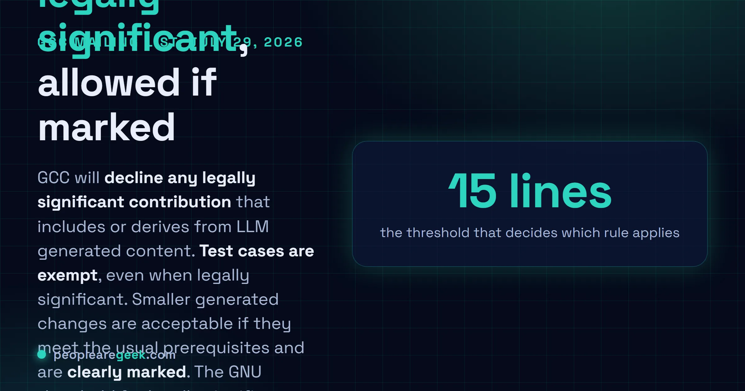Answer card: GCC declines legally significant contributions that include or derive from LLM generated content, allows LLM generated test cases even when legally significant, and allows small clearly marked changes below the copyright threshold.
