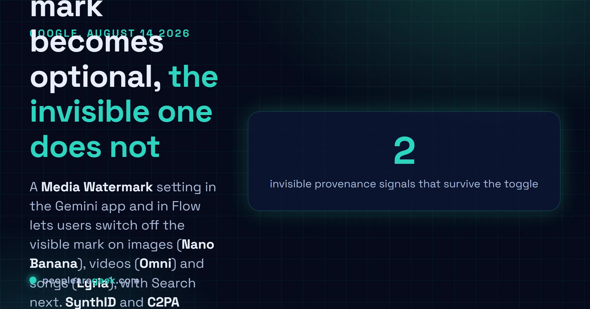 Answer card explaining that from August 14, 2026 Gemini and Flow users can switch off the visible AI watermark on images, videos and songs, while the invisible SynthID signal and C2PA provenance metadata remain embedded in every generation.