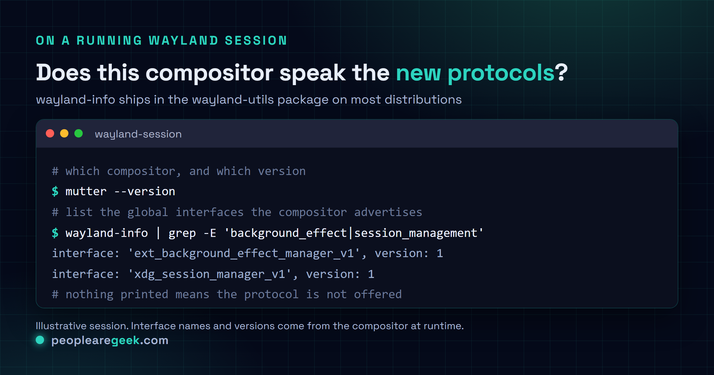 Carte terminal montrant comment vérifier si un compositeur Wayland en cours d'exécution annonce les protocoles d'effet d'arrière-plan et de gestion de session, avec wayland-info filtré par grep, et comment lire la version de Mutter avec mutter --version.