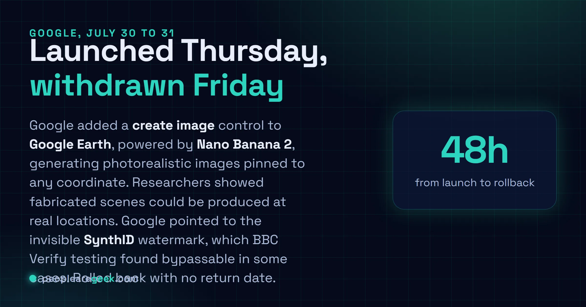 Answer card: Google launched a Nano Banana 2 create image feature in Google Earth on July thirtieth 2026 and rolled it back within 48 hours after researchers showed fabricated scenes could be pinned to real coordinates, with the SynthID watermark defence shown to be bypassable.