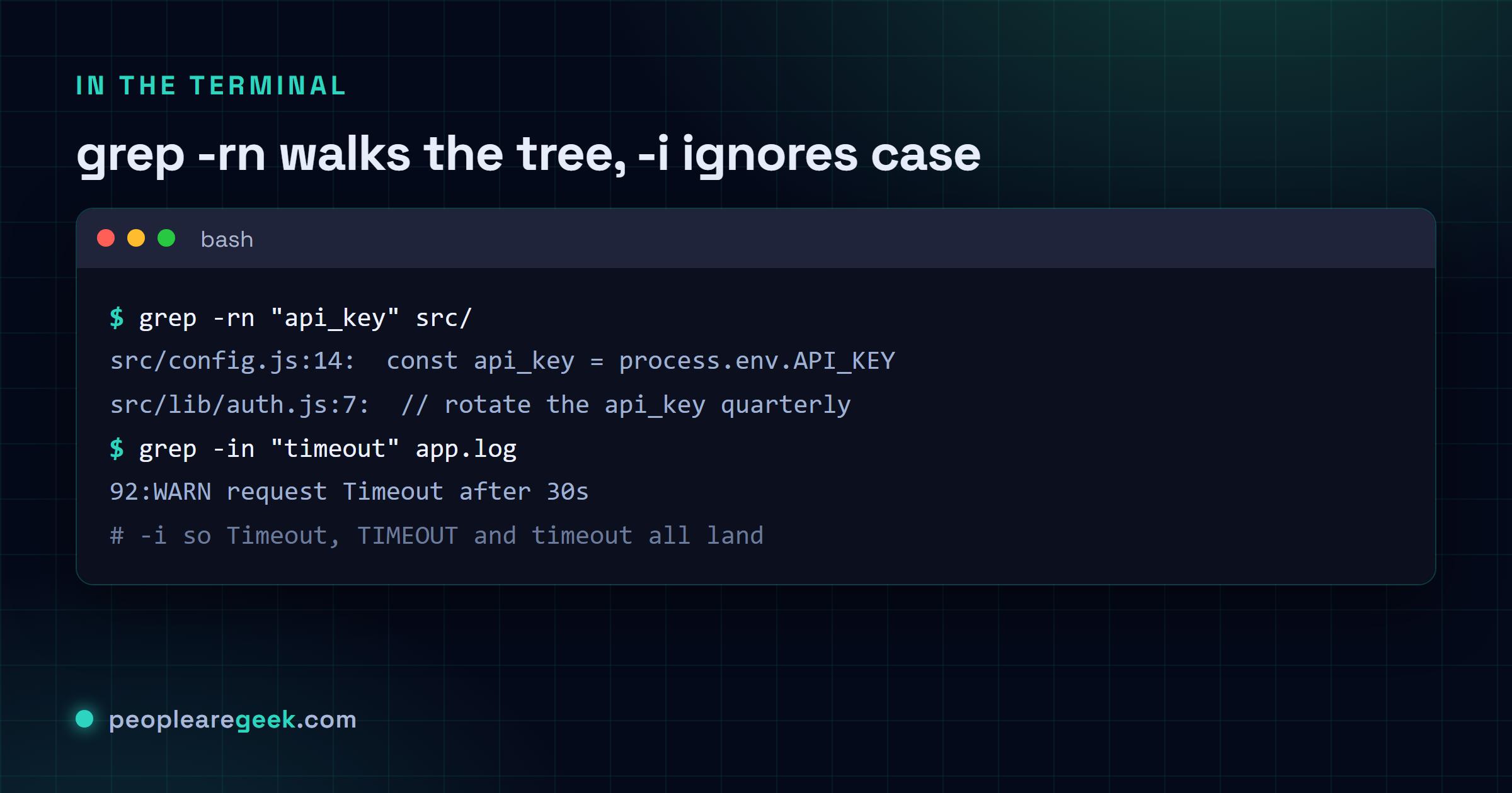 Terminal showing grep -rn with line numbers walking a source tree, then grep -i adding case-insensitive matching on a log file.
