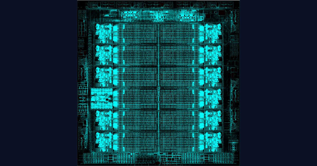 Official IBM chip layout image of the next generation dual architecture processor for IBM Z and LinuxONE, showing the repeated core blocks and cache arrays of a 2 nanometer design with 11 high performance cores.