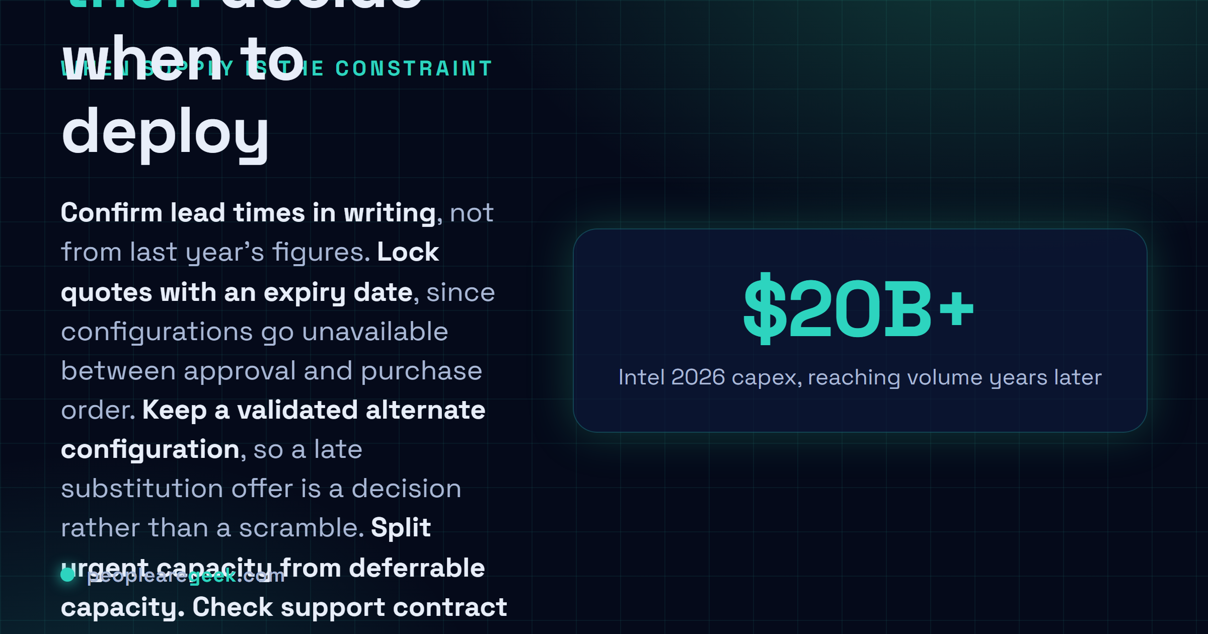 Checklist card for planning a server refresh into a constrained supply market: confirm lead times in writing, lock quotes with an expiry date, keep a validated alternate configuration, split urgent capacity from deferrable capacity, and review support contract end dates before the order rather than after.