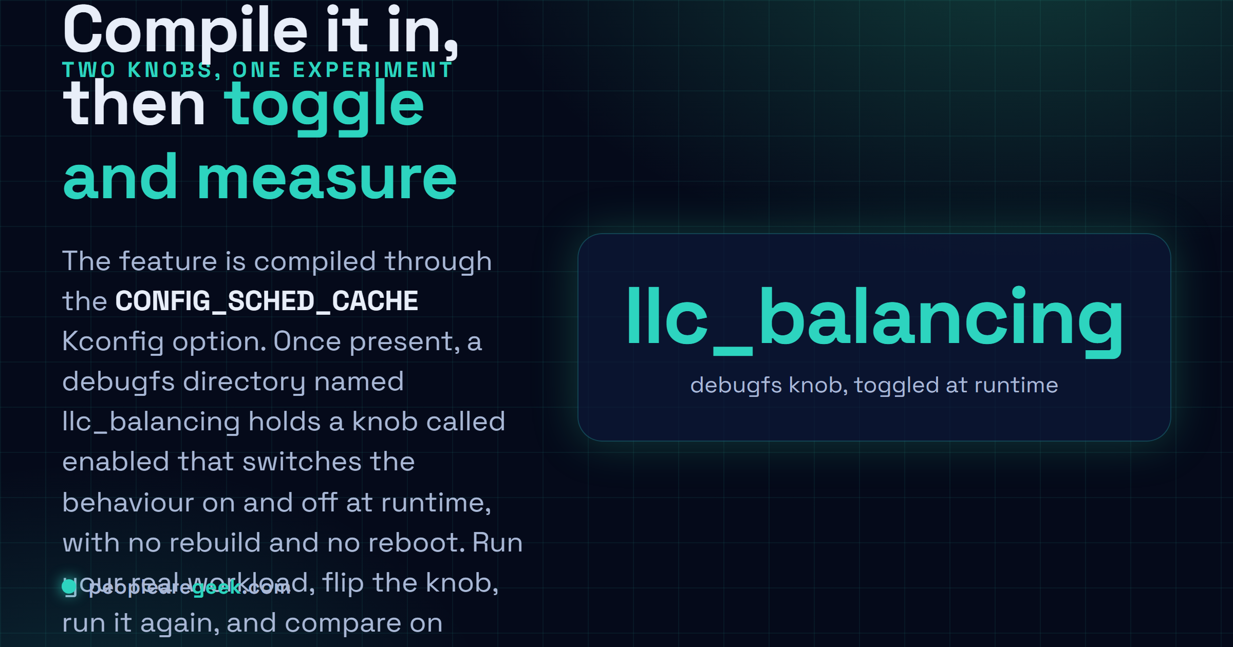 Answer card explaining how to evaluate cache aware scheduling: build the kernel with CONFIG_SCHED_CACHE, then toggle the enabled knob in the llc_balancing debugfs directory to measure the same workload with the feature on and off.