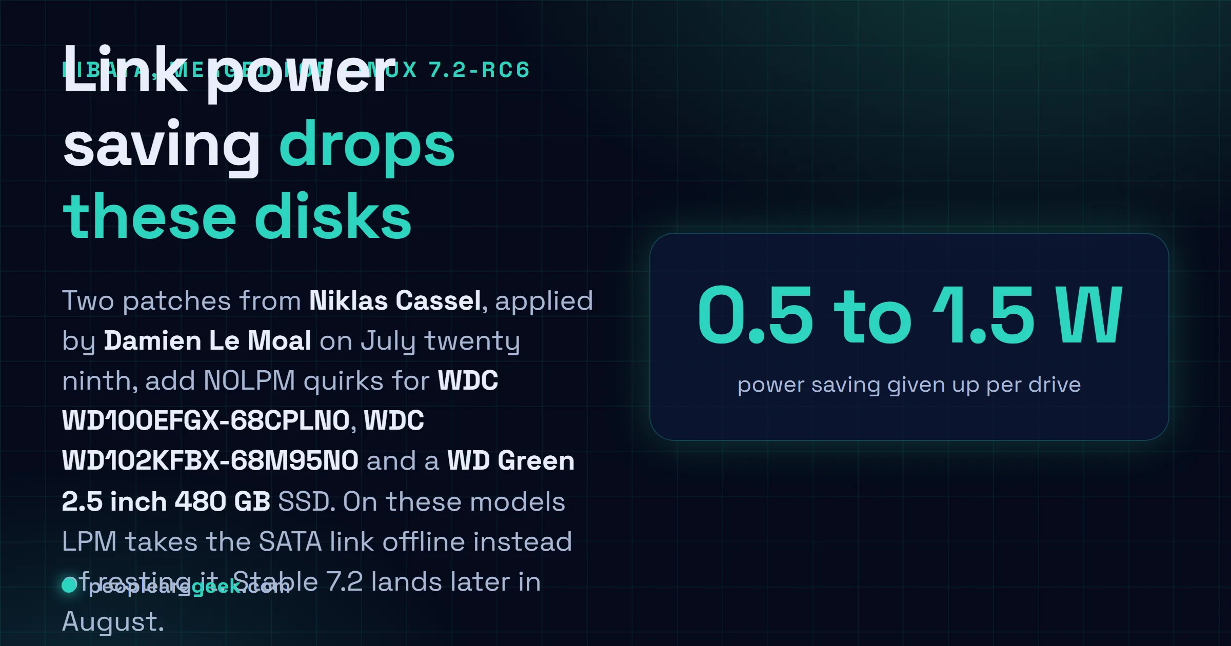Answer card: Linux 7.2-rc6 adds libata NOLPM quirks that disable SATA Link Power Management for three Western Digital drives, the 10 TB WDC WD100EFGX-68CPLN0 and WDC WD102KFBX-68M95N0 NAS disks and a WD Green 2.5 inch 480 GB SSD, on which the power saving feature takes the SATA link offline. The workaround on older kernels is the libata.force=nolpm boot parameter.