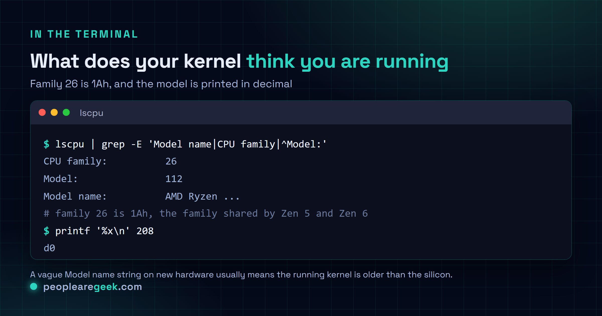 Figure terminal montrant la sortie de lscpu avec la famille 26 et un numéro de modèle, une commande printf convertissant 208 en hexadécimal d0, et un grep sur /proc/cpuinfo pour cpu family et model.