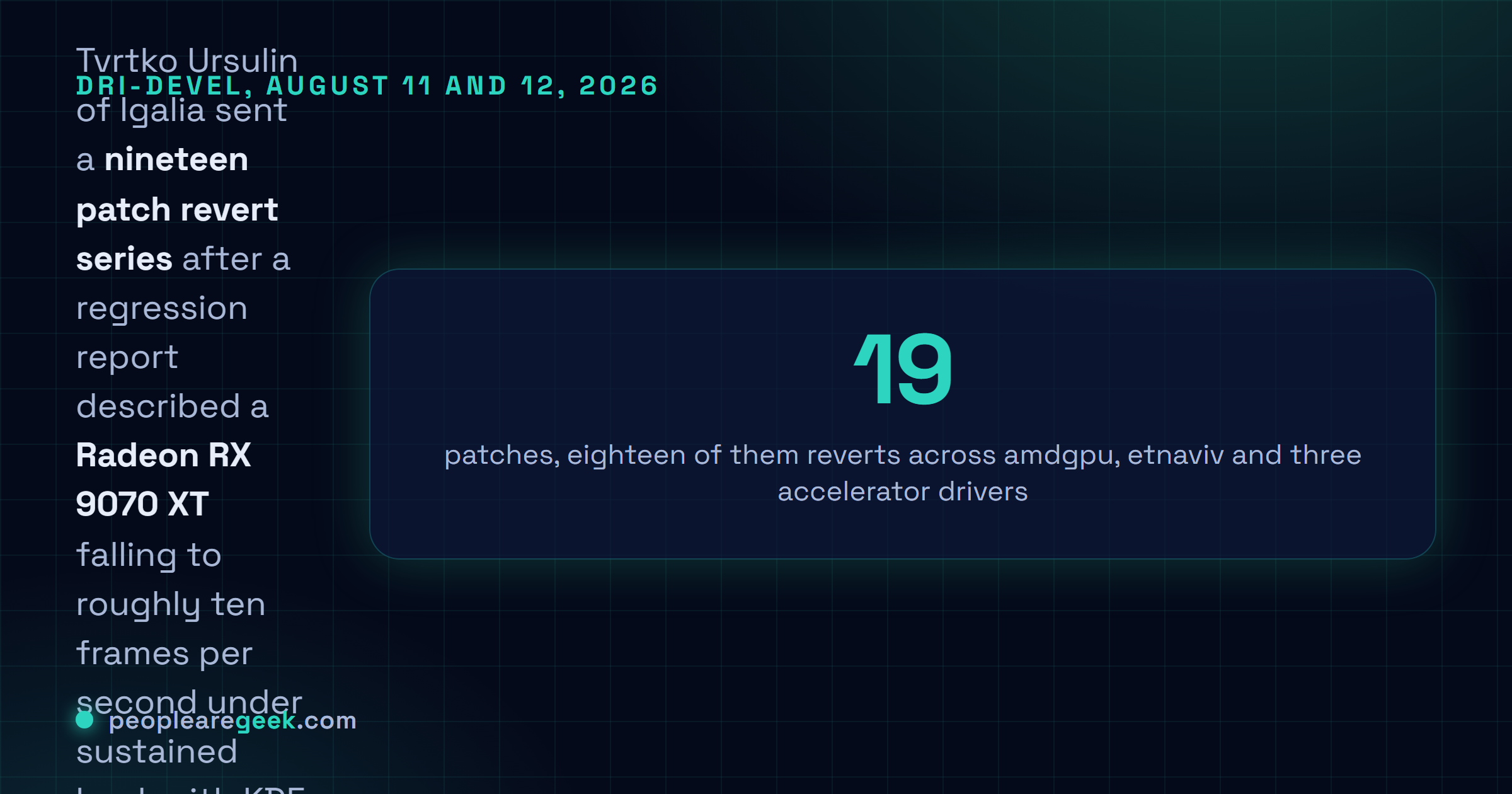 Answer card: Linux 7.2 reverts the DRM scheduler default from the fair policy back to FIFO, in a nineteen patch series sent by Tvrtko Ursulin on August 11, 2026, after a regression report described a Radeon RX 9070 XT dropping to roughly ten frames per second under sustained load, with the fair policy now marked experimental.