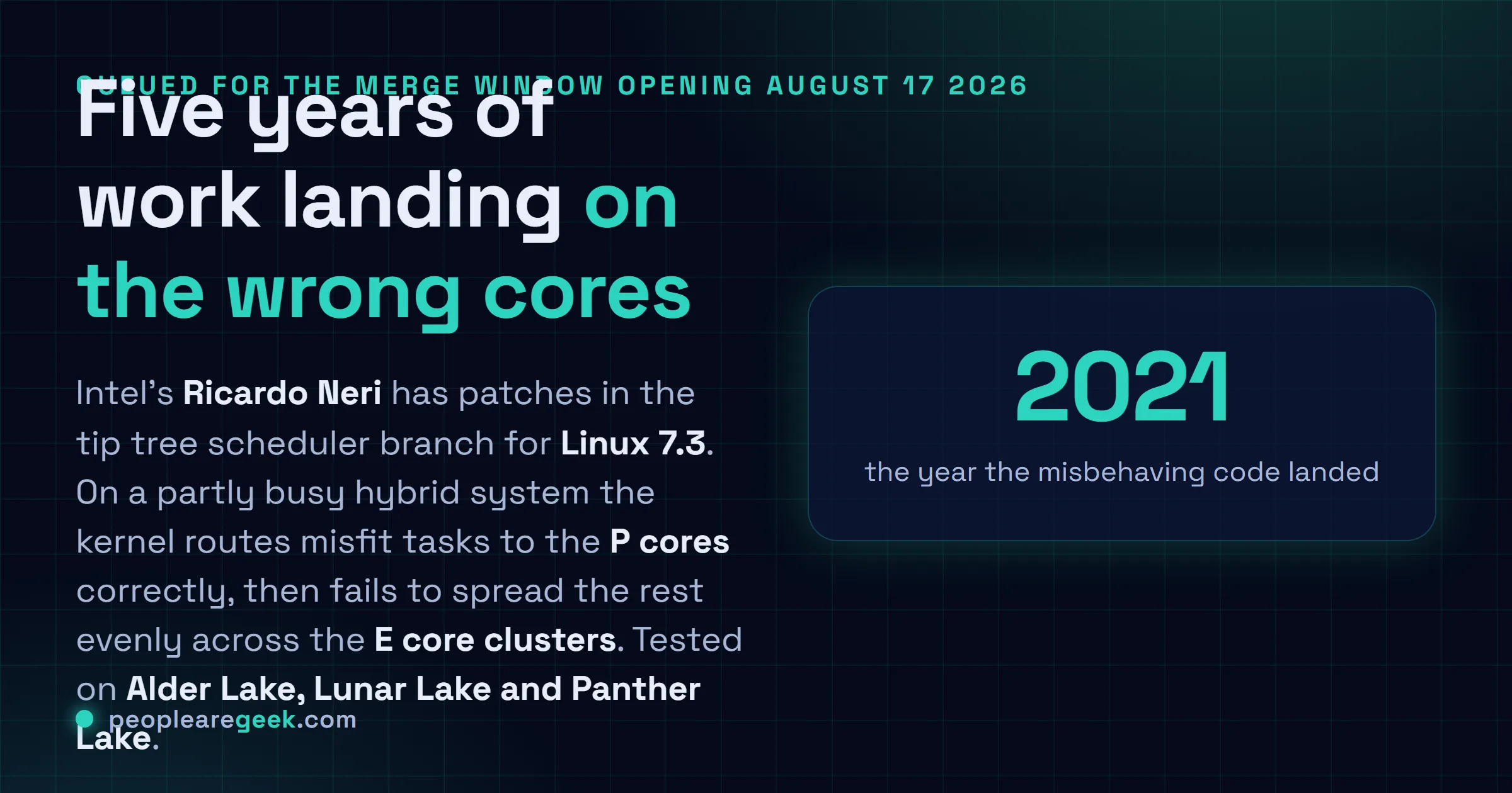 Answer card describing Intel patches queued for the Linux 7.3 merge window that fix cluster aware load balancing on hybrid CPUs, where remaining tasks fail to spread evenly across E core clusters.