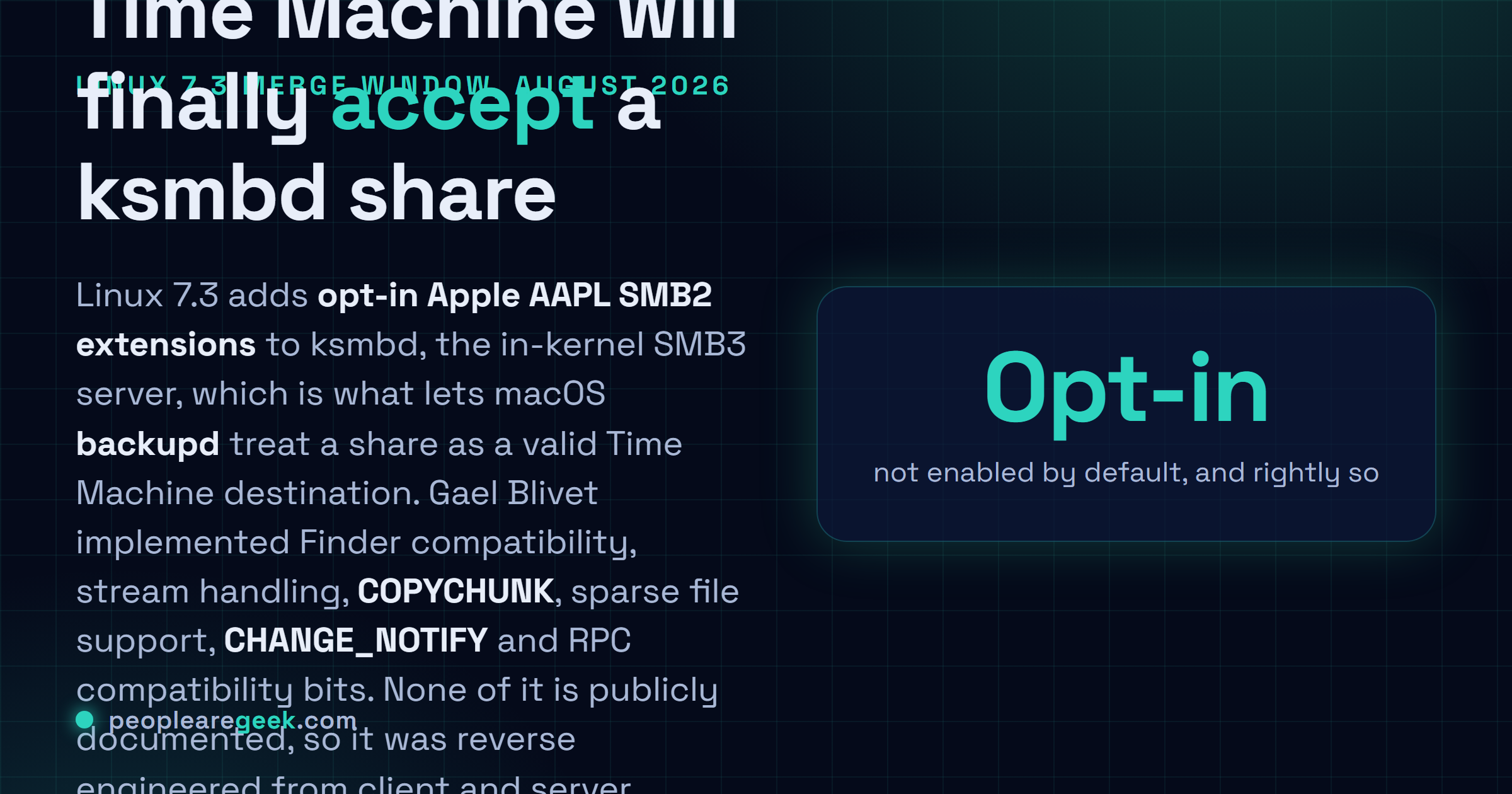 Answer card summarising the Linux 7.3 ksmbd changes: opt-in Apple AAPL SMB2 extensions covering Finder compatibility, stream handling, COPYCHUNK, sparse files, CHANGE_NOTIFY and RPC compatibility bits, which together let macOS Time Machine back up to the in-kernel SMB3 server, plus per share SMB3 encryption and SMB3 request replay.
