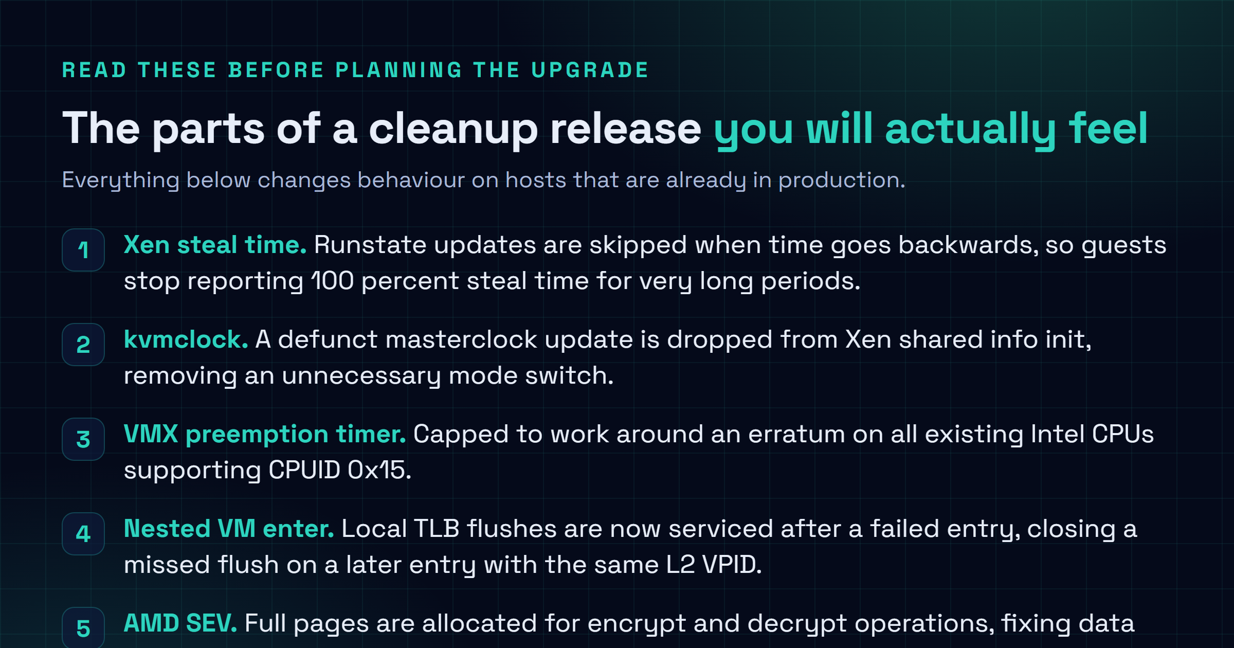Checklist of the KVM changes in Linux 7.3 that affect running systems: the Xen steal time fix, the VMX preemption timer cap, nested VM enter TLB flush servicing, VPID virtualisation fixes, and the AMD SEV page allocation fix.