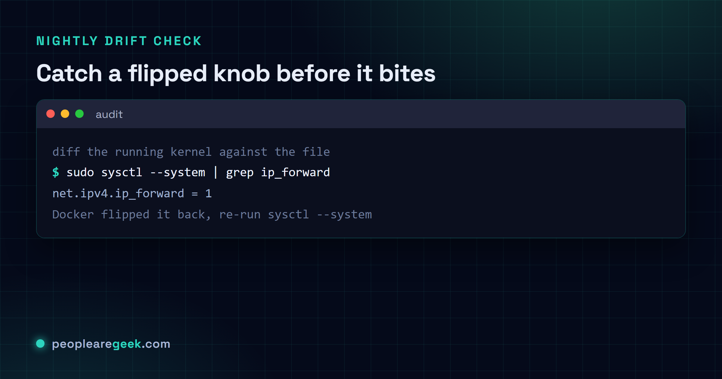 Terminal: the drift one-liner reports a single DRIFT line where the live kernel value of net.ipv4.ip_forward no longer matches the hardening file.