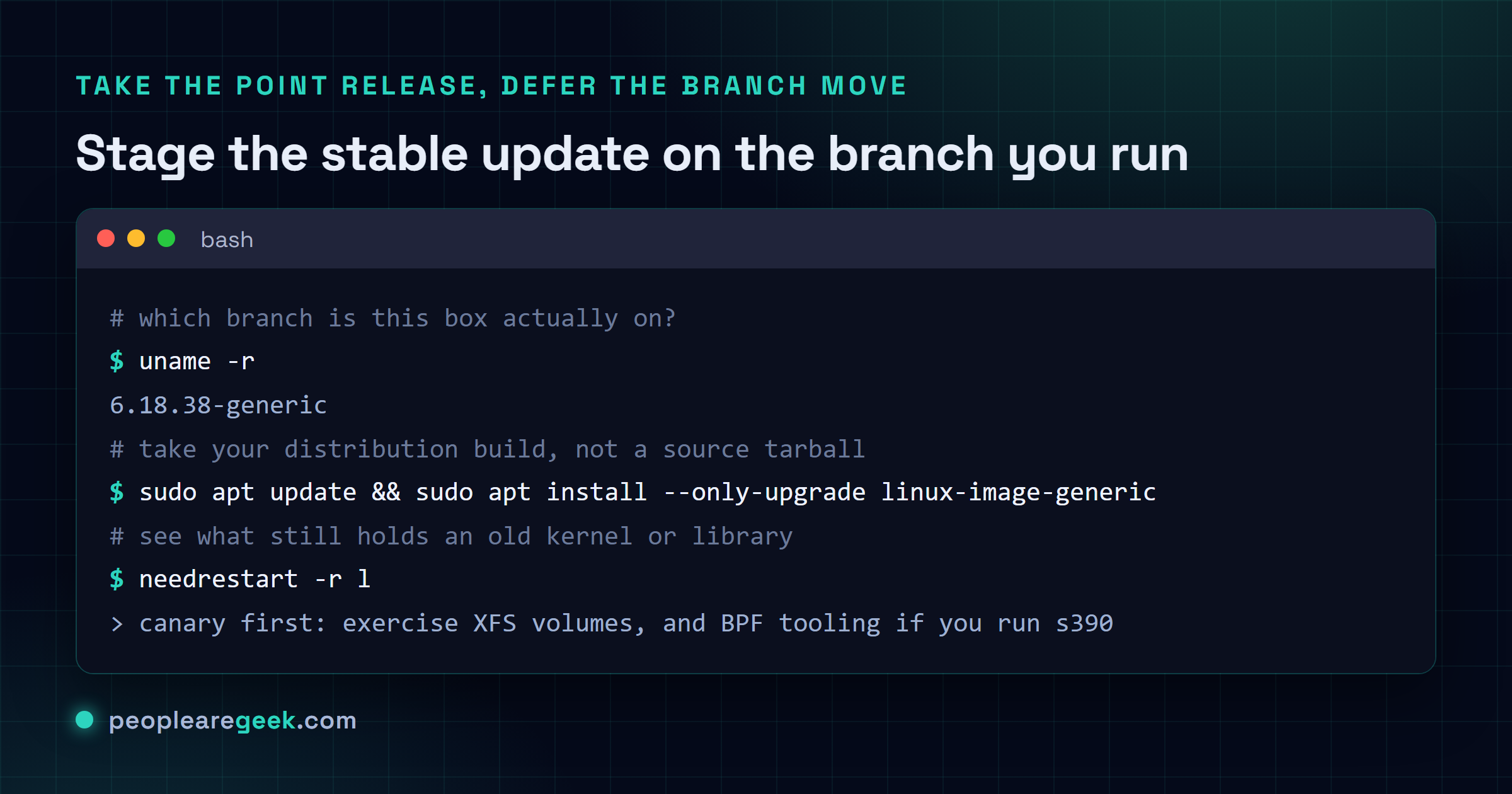 Carte terminal montrant comment vérifier la branche du noyau en cours et étaler une mise à jour stable : uname -r pour voir la branche, apt ou dnf pour récupérer la version de la distribution, needrestart pour voir ce qui demande un redémarrage, et un rappel de tester XFS et BPF sur un témoin.