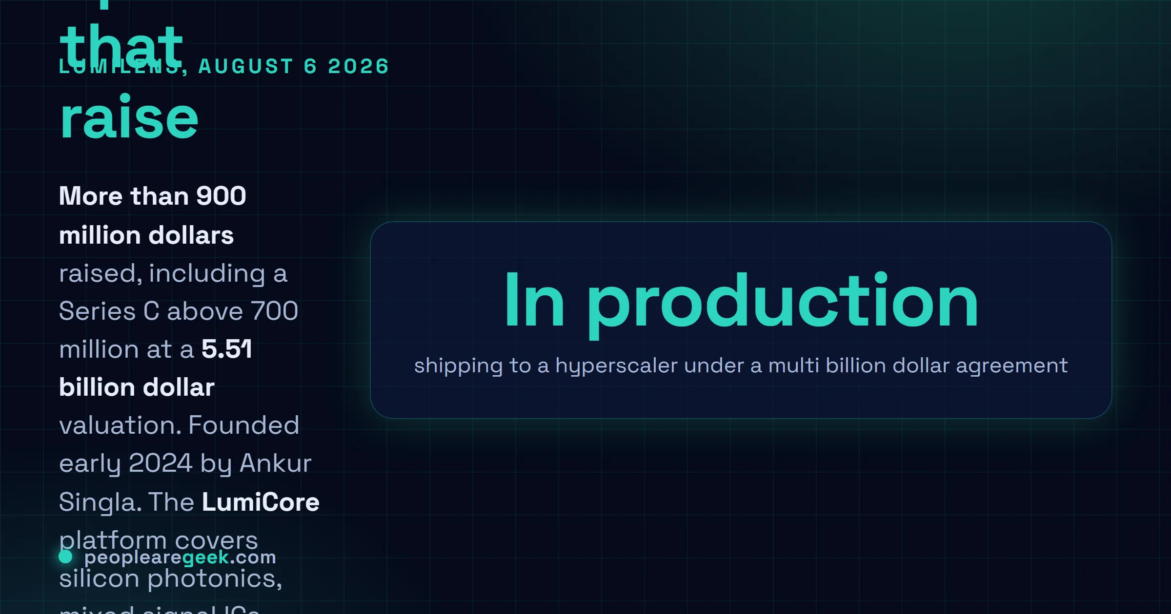 Answer card explaining that Lumilens emerged from stealth on August 6 2026 with more than 900 million dollars in total funding including a Series C above 700 million dollars at a 5.51 billion dollar valuation, founded in early 2024 by Ankur Singla, building the LumiCore platform of silicon photonics, mixed signal integrated circuits, electrical optical interposers and optical systems, shipping near package and co-packaged optics for scale up networks and 800G and 1.6T pluggable transceivers for scale out.