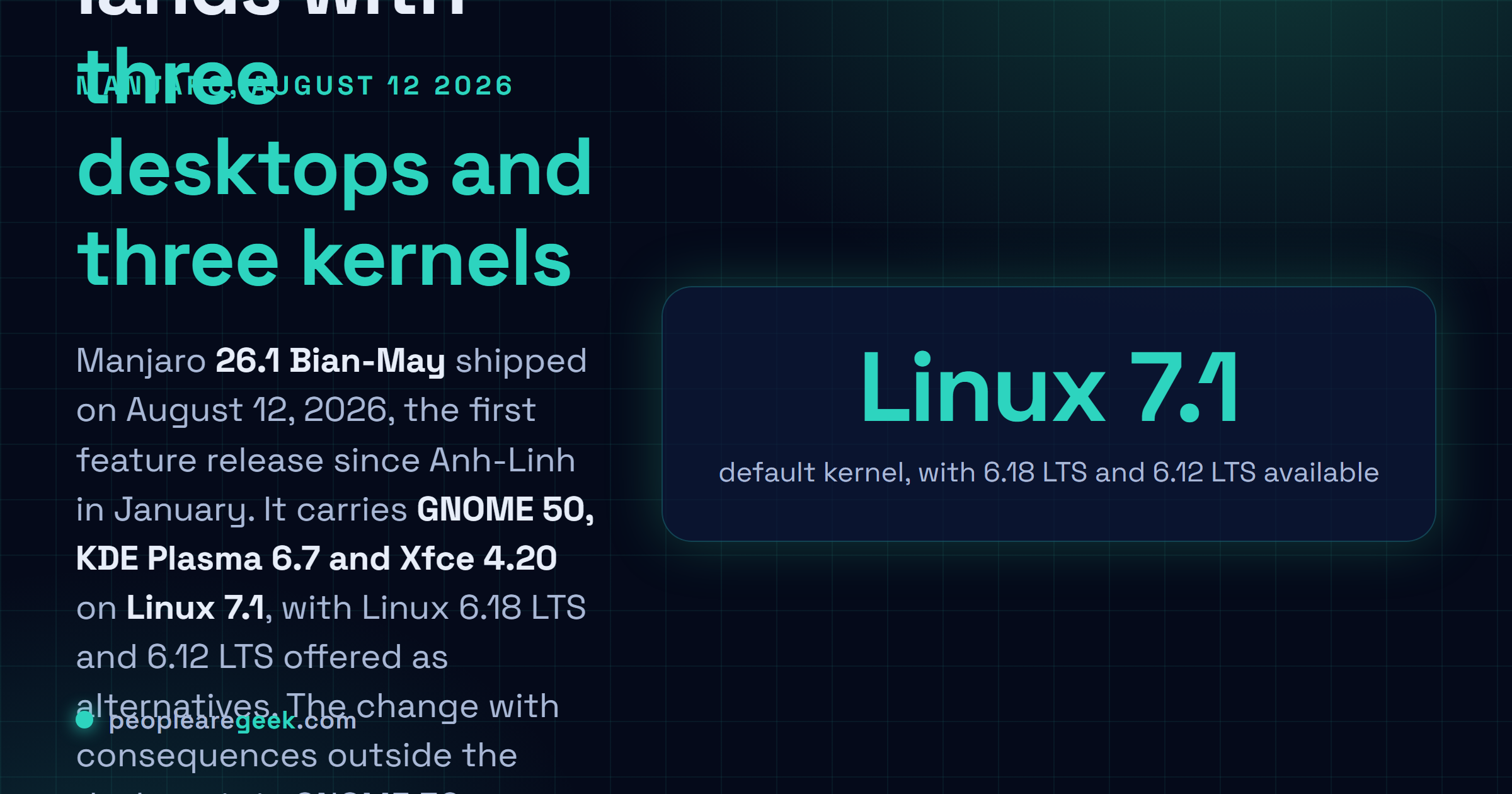 Carte réponse décrivant la sortie de Manjaro 26.1 Bian-May le 12 août 2026, première version majeure depuis janvier 2026, embarquant GNOME 50, KDE Plasma 6.7 et Xfce 4.20 sur Linux 7.1 avec Linux 6.18 LTS et 6.12 LTS disponibles comme noyaux alternatifs.