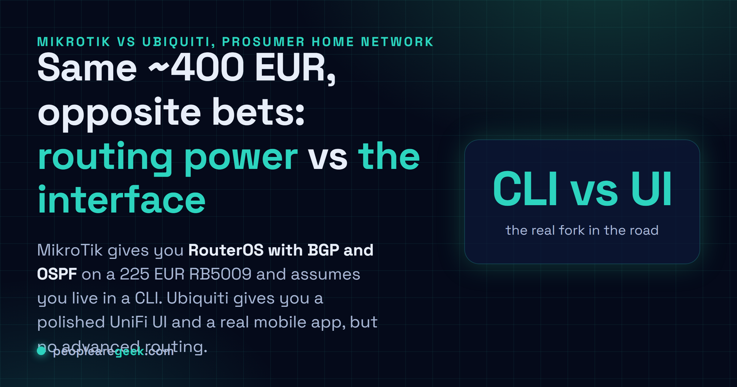 Answer card comparing a matched MikroTik RouterOS stack against a Ubiquiti UniFi stack for a prosumer home network, both around 400 EUR.