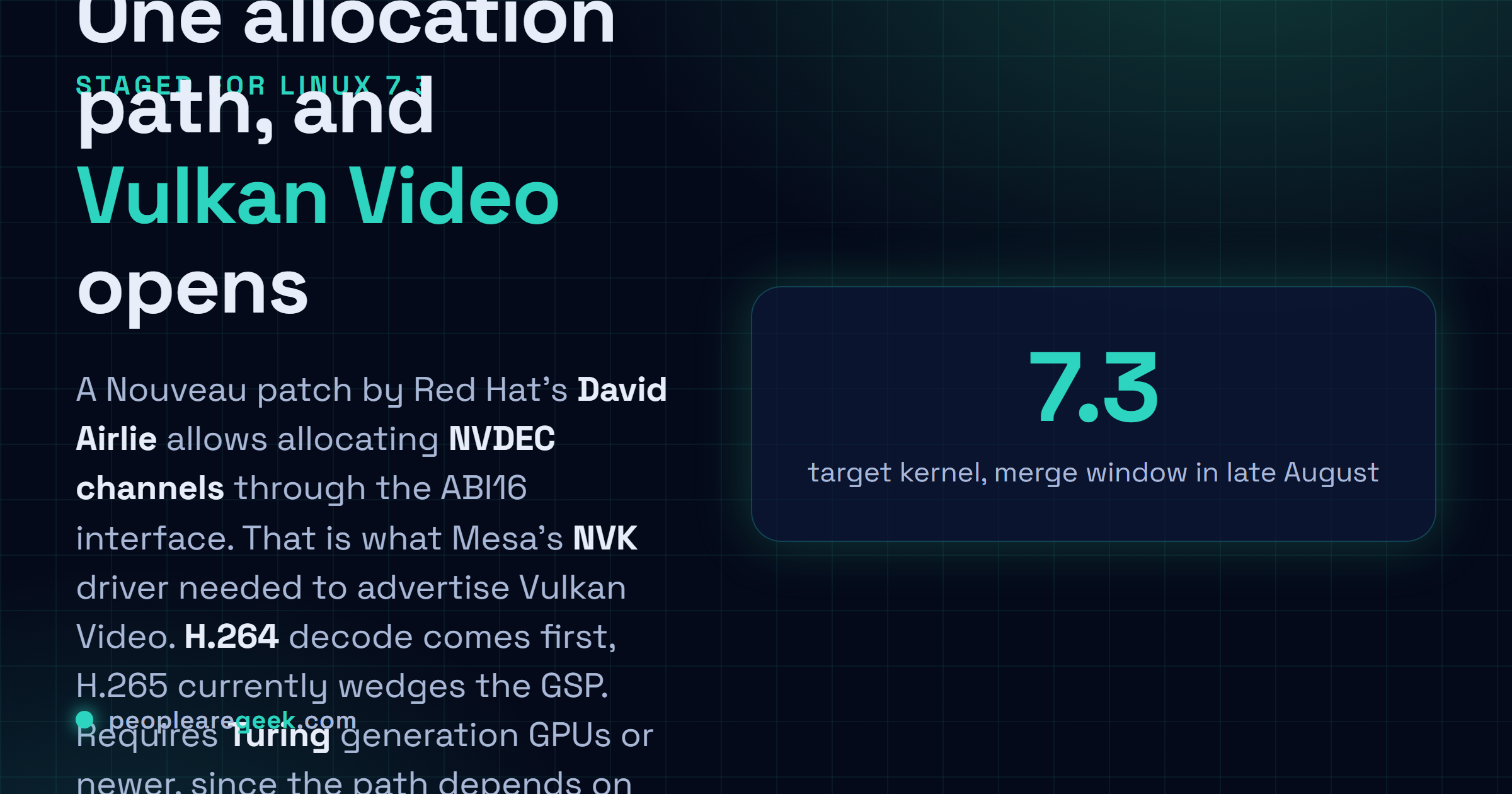Answer card: a Nouveau patch by David Airlie staged for Linux 7.3 allows allocating NVDEC channels via ABI16, letting Mesa's NVK driver advertise Vulkan Video H.264 decode on Turing and newer NVIDIA GPUs.